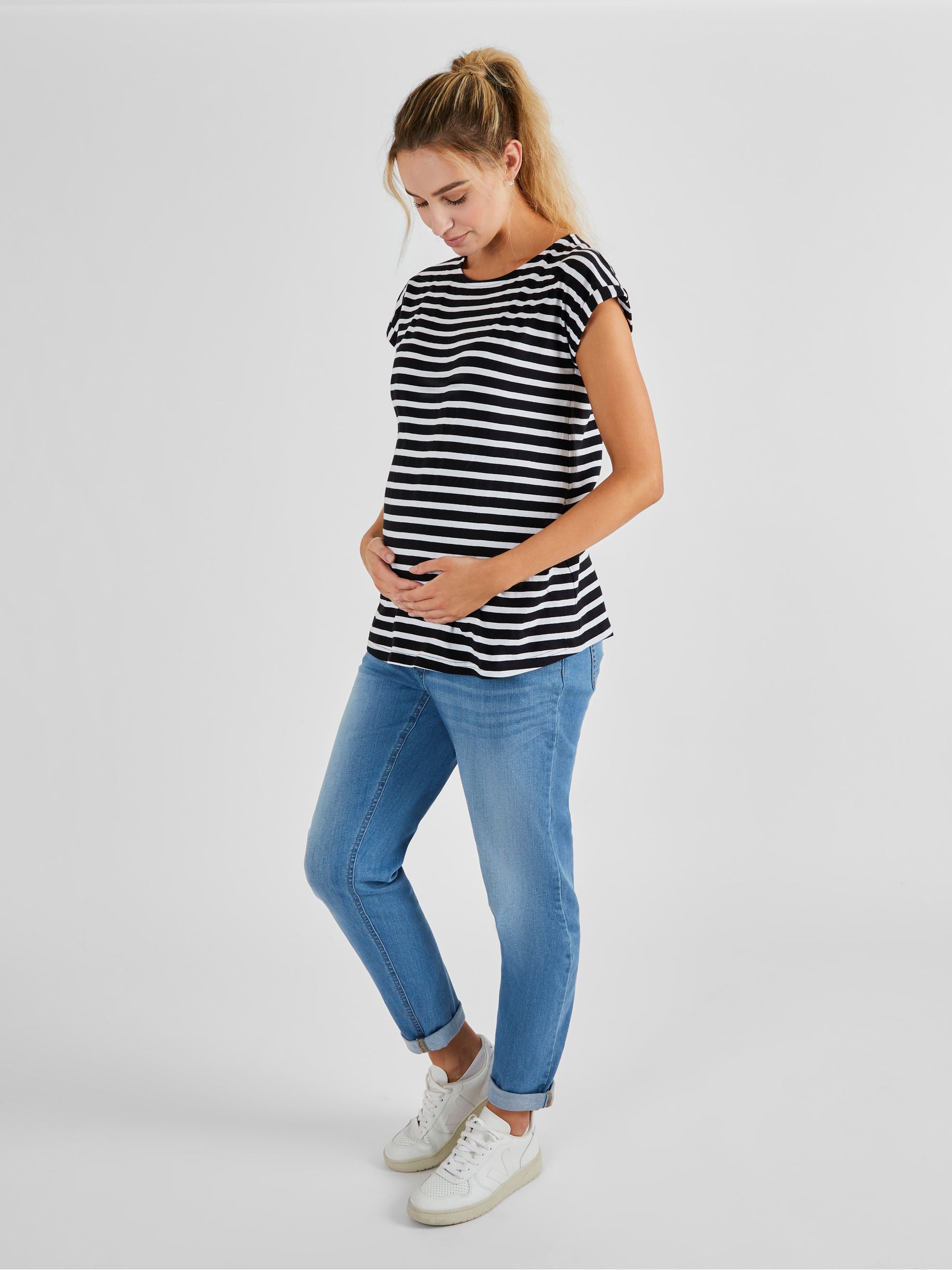 Black White Stripe Boyfriend Cotton Maternity T-Shirt - Image 3 of 5