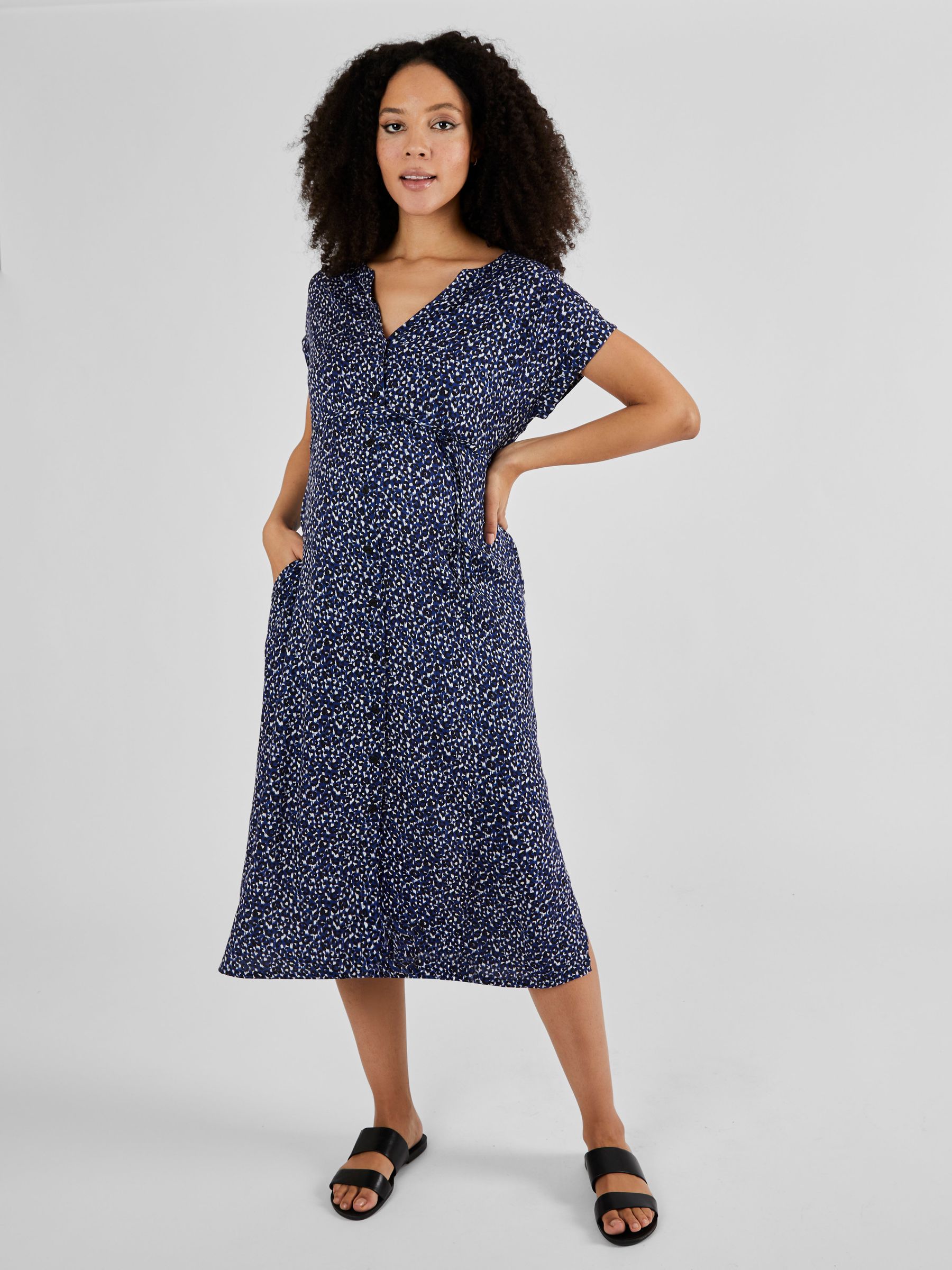 Navy Animal Print Button Through Midi Dress - Image 1 of 5