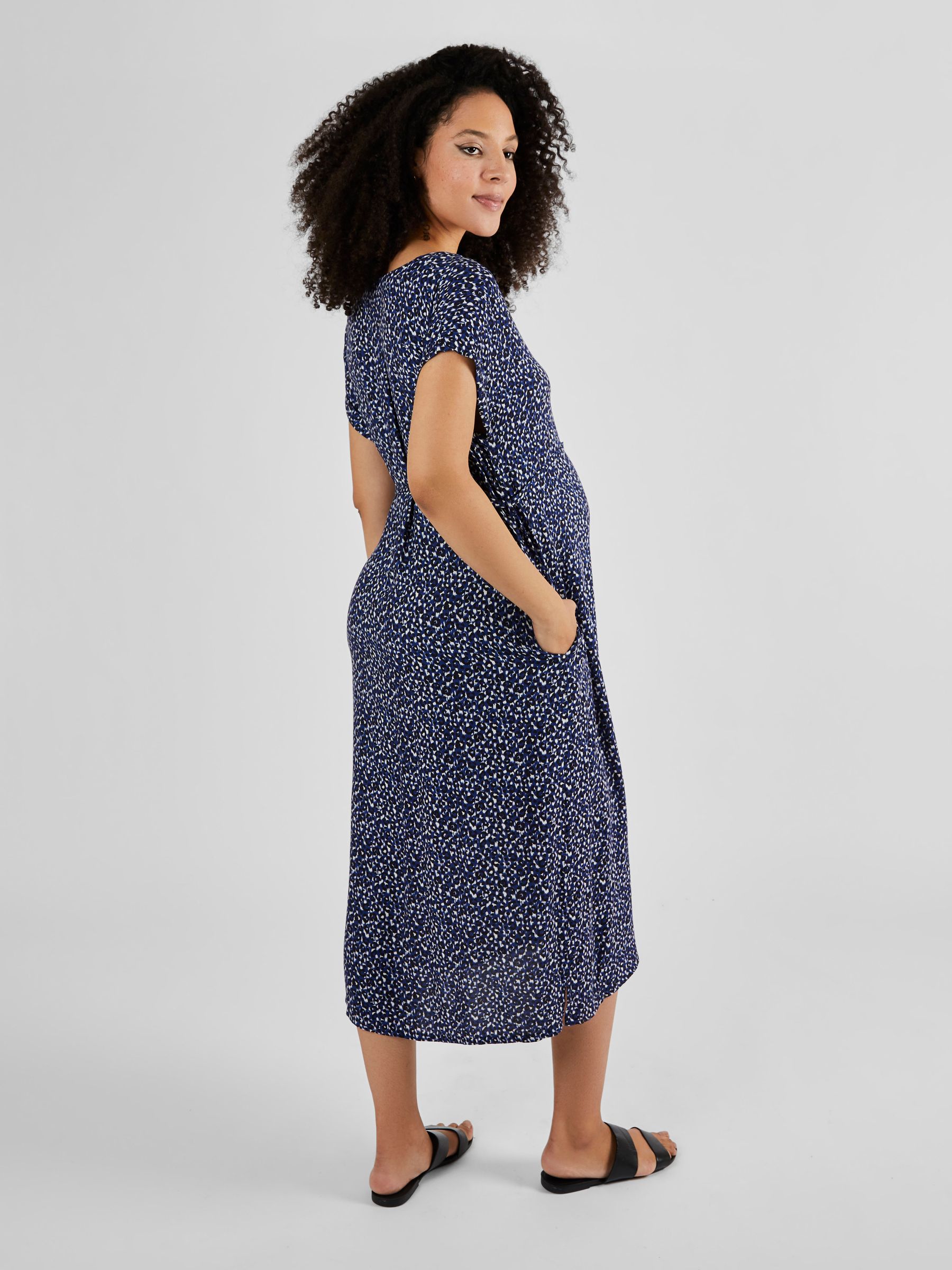 Navy Animal Print Button Through Midi Dress - Image 2 of 5
