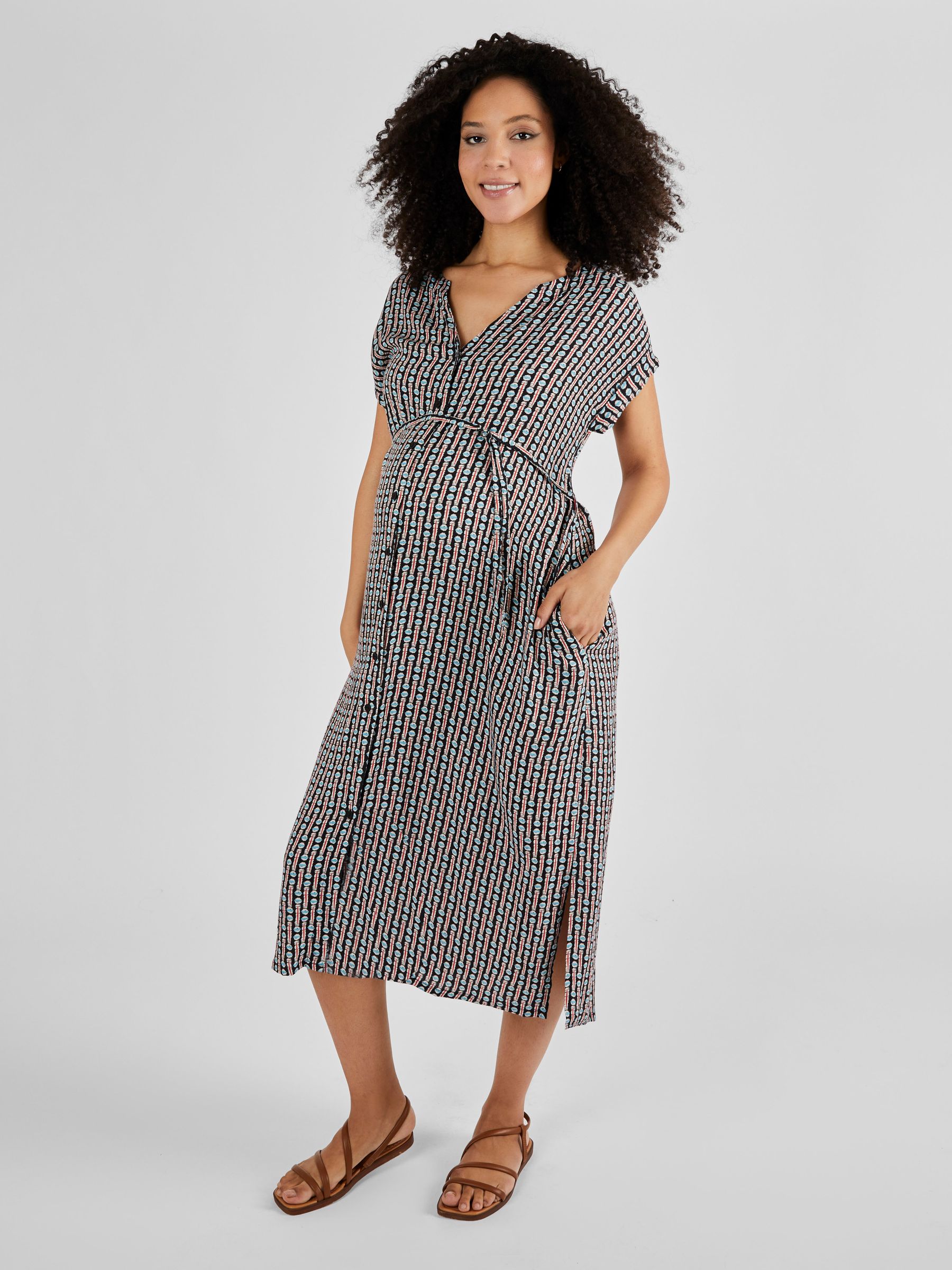 Black Aztec Geo Print Button Through Midi Dress - Image 1 of 5
