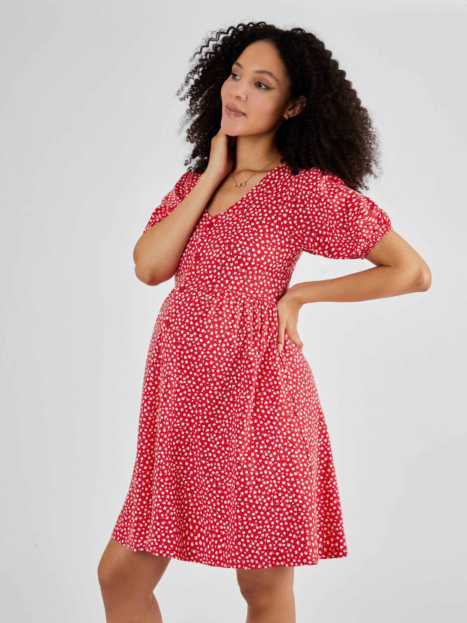 Red Ditsy Ditsy Print V-Neck Maternity Dress - Image 3 of 5