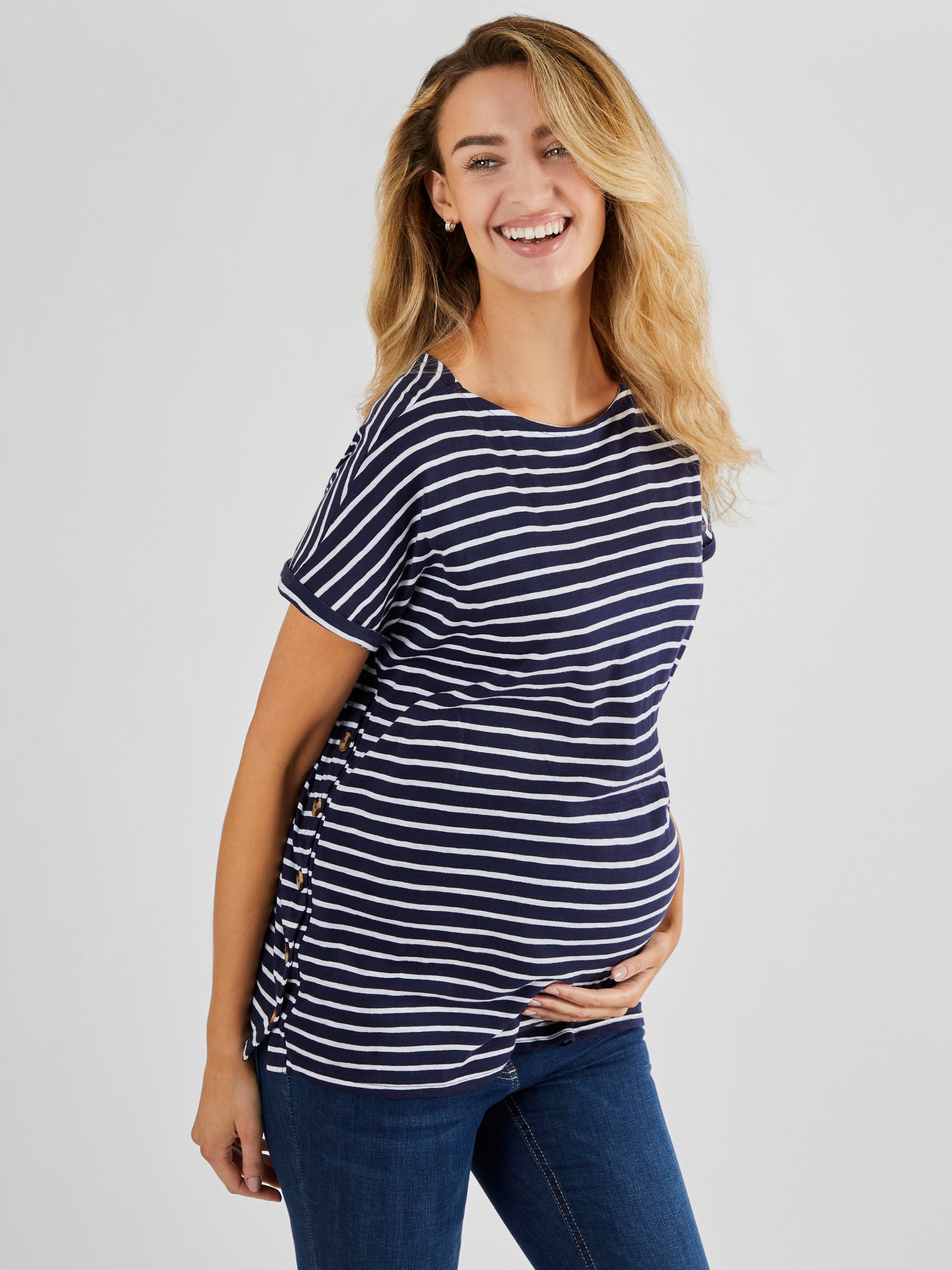 Navy Blue & White Stripe Drop Shoulder Maternity & Nursing T-Shirt - Image 1 of 4
