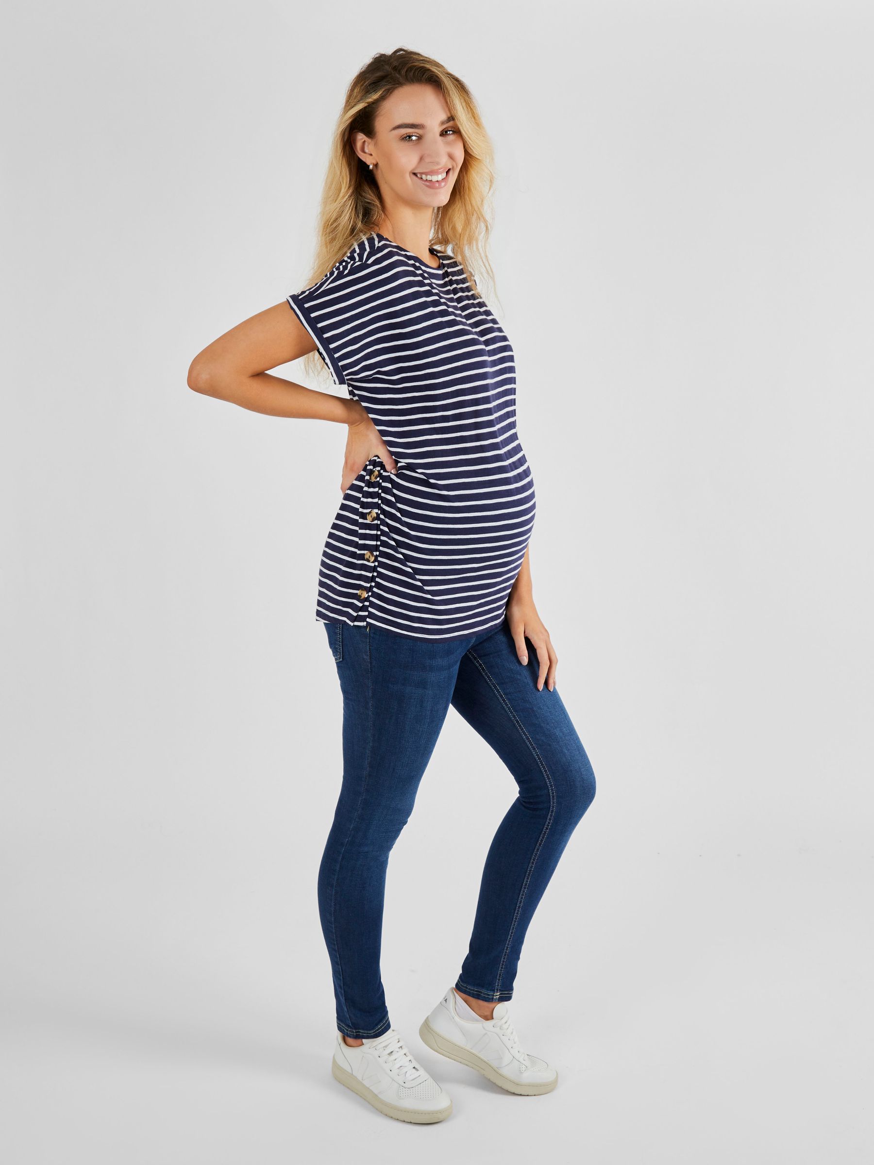 Navy Blue & White Stripe Drop Shoulder Maternity & Nursing T-Shirt - Image 2 of 4
