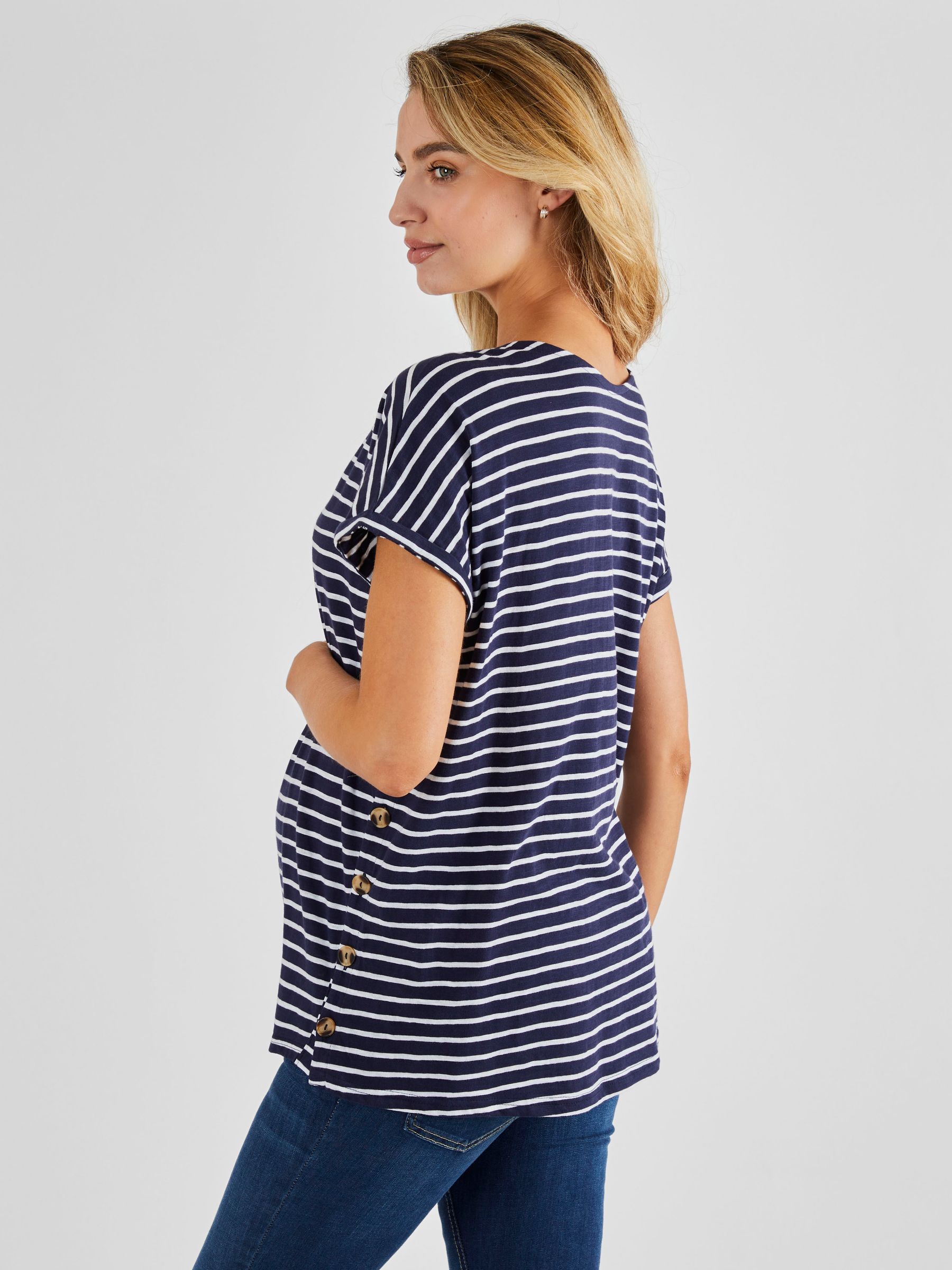 Navy Blue & White Stripe Drop Shoulder Maternity & Nursing T-Shirt - Image 3 of 4