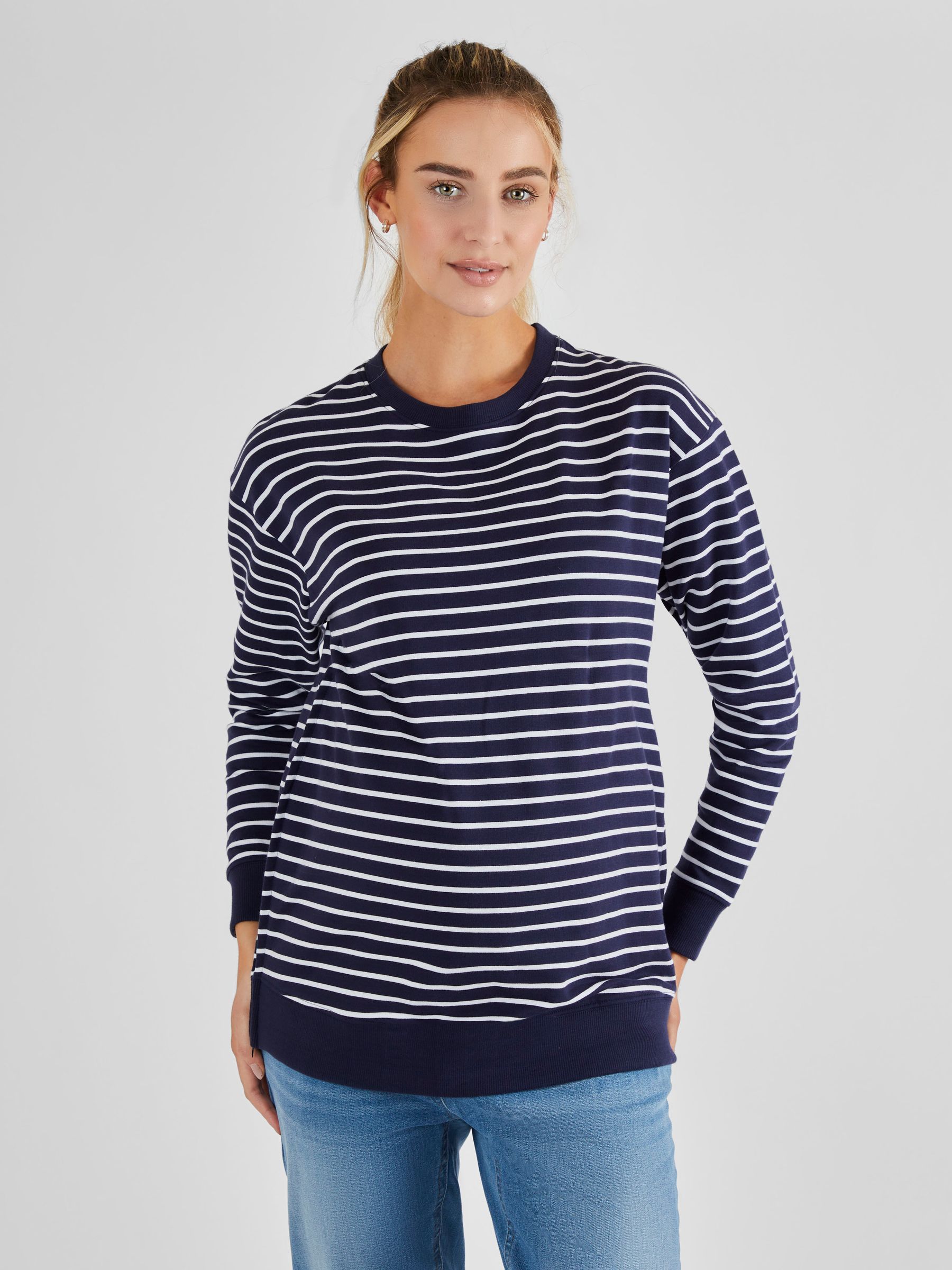 Navy White Stripe Maternity & Nursing Sweatshirt - Image 1 of 4