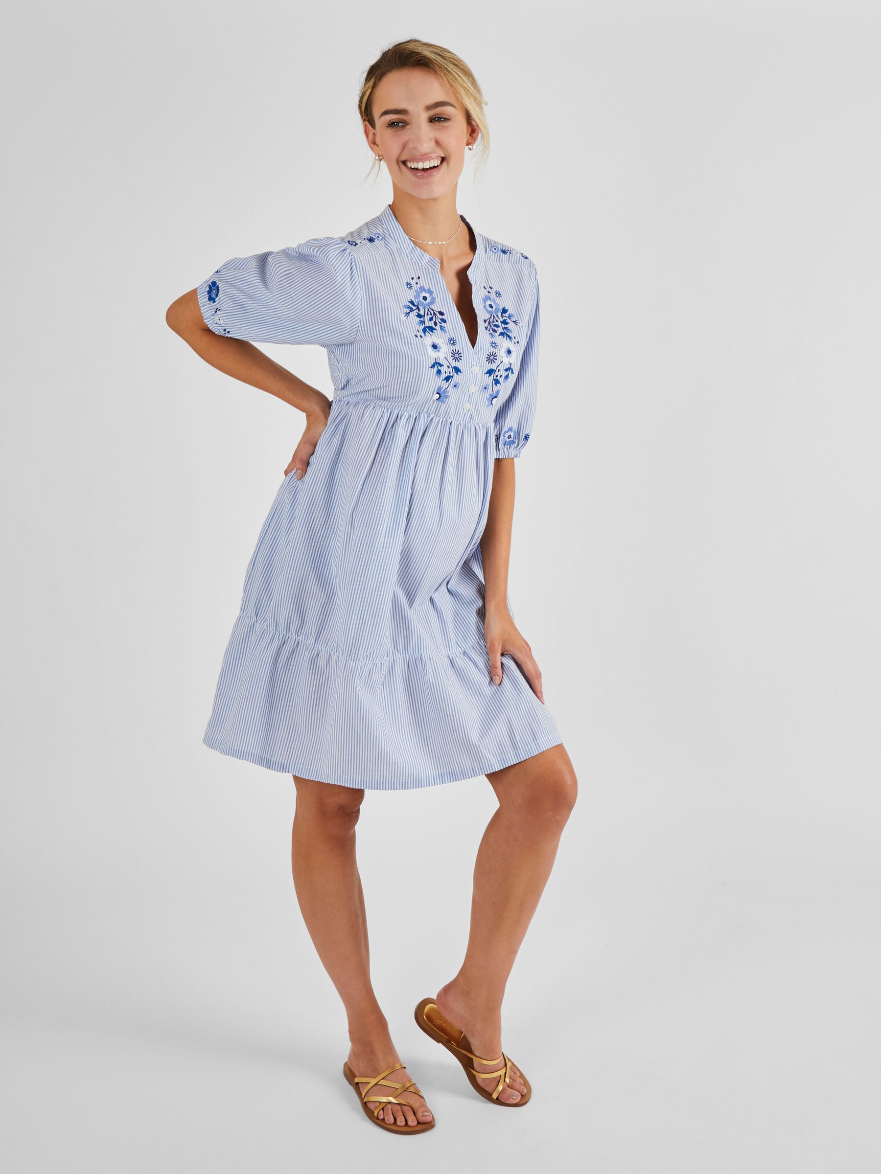 Tiered Embroidered Maternity Shirt Dress in Blue - Image 2 of 5