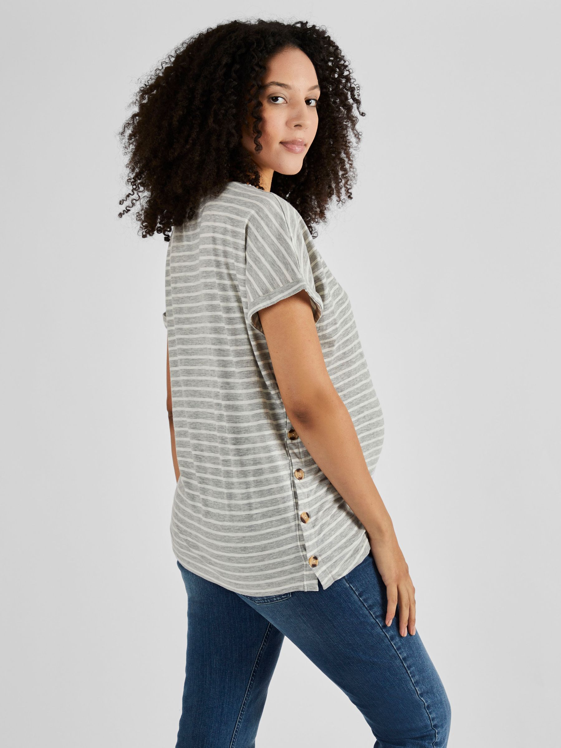 Grey & Ecru Cream Stripe Drop Shoulder Maternity & Nursing T-Shirt - Image 2 of 4