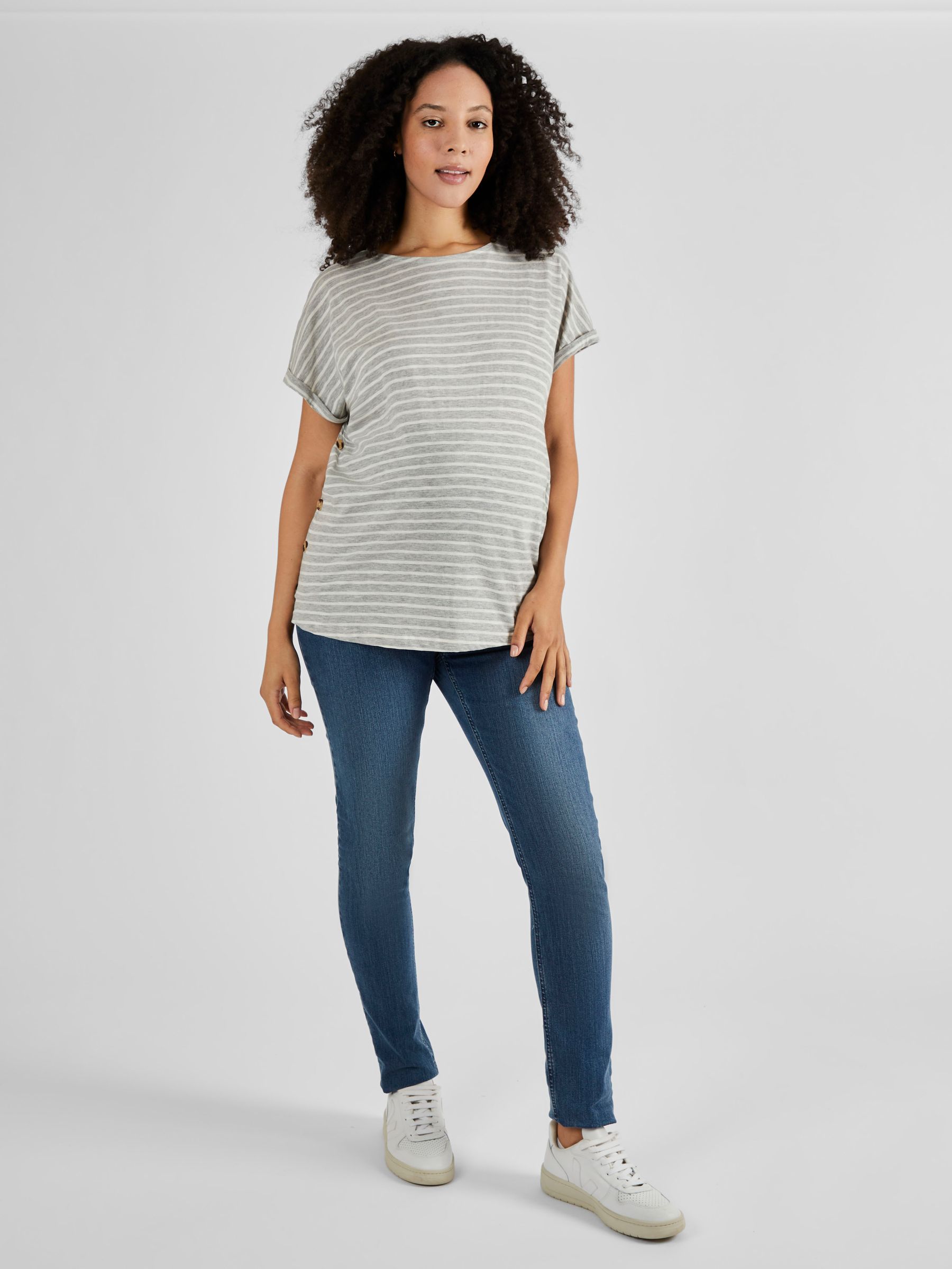 Grey & Ecru Cream Stripe Drop Shoulder Maternity & Nursing T-Shirt - Image 3 of 4