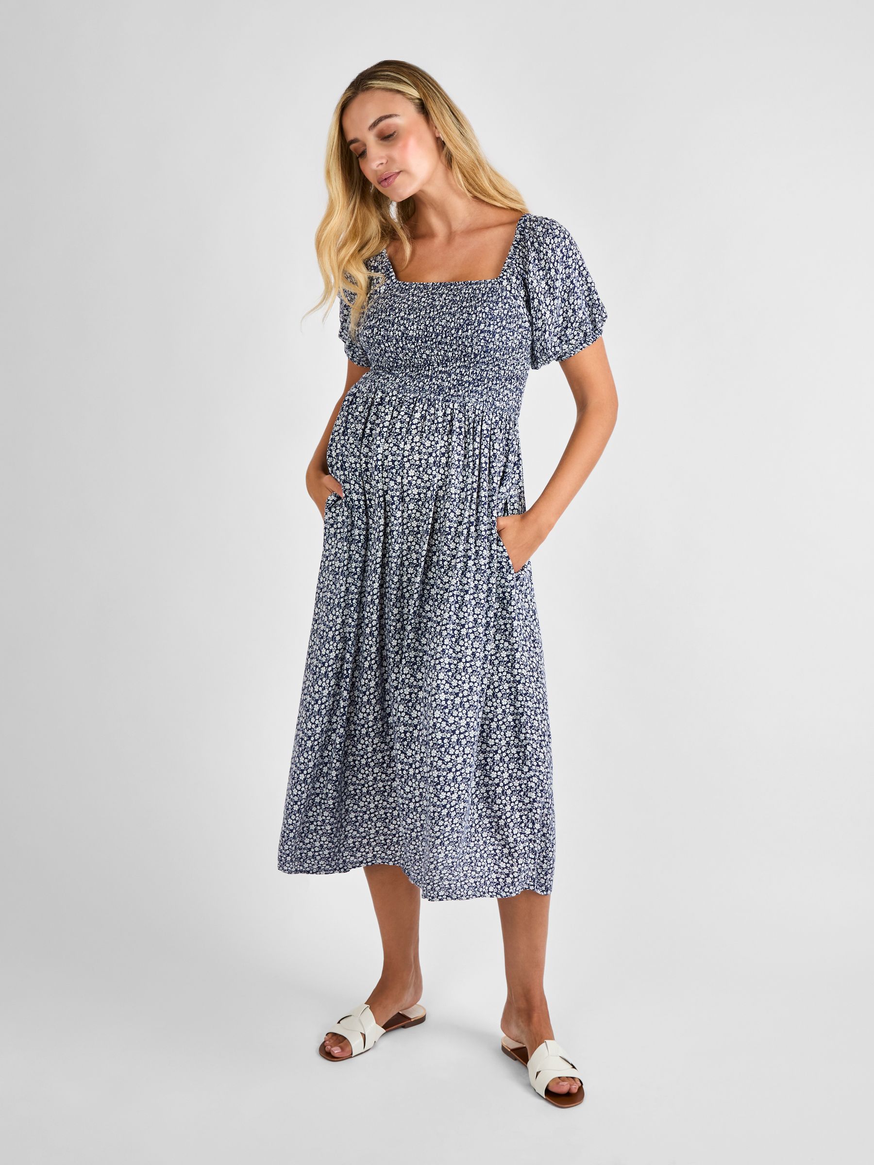 Navy Blue Ditsy Shirred Maternity Midi Dress - Image 1 of 4