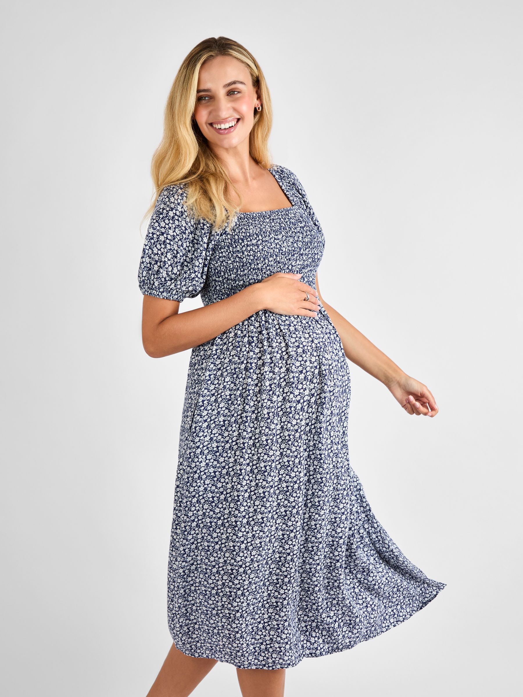 Navy Blue Ditsy Shirred Maternity Midi Dress - Image 3 of 4