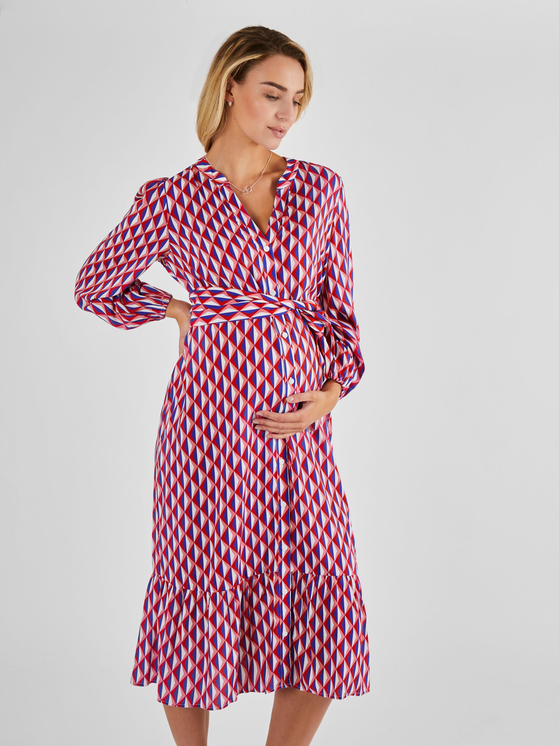 Geo Print Maternity Midi Shirt Dress in Cream - Image 1 of 4