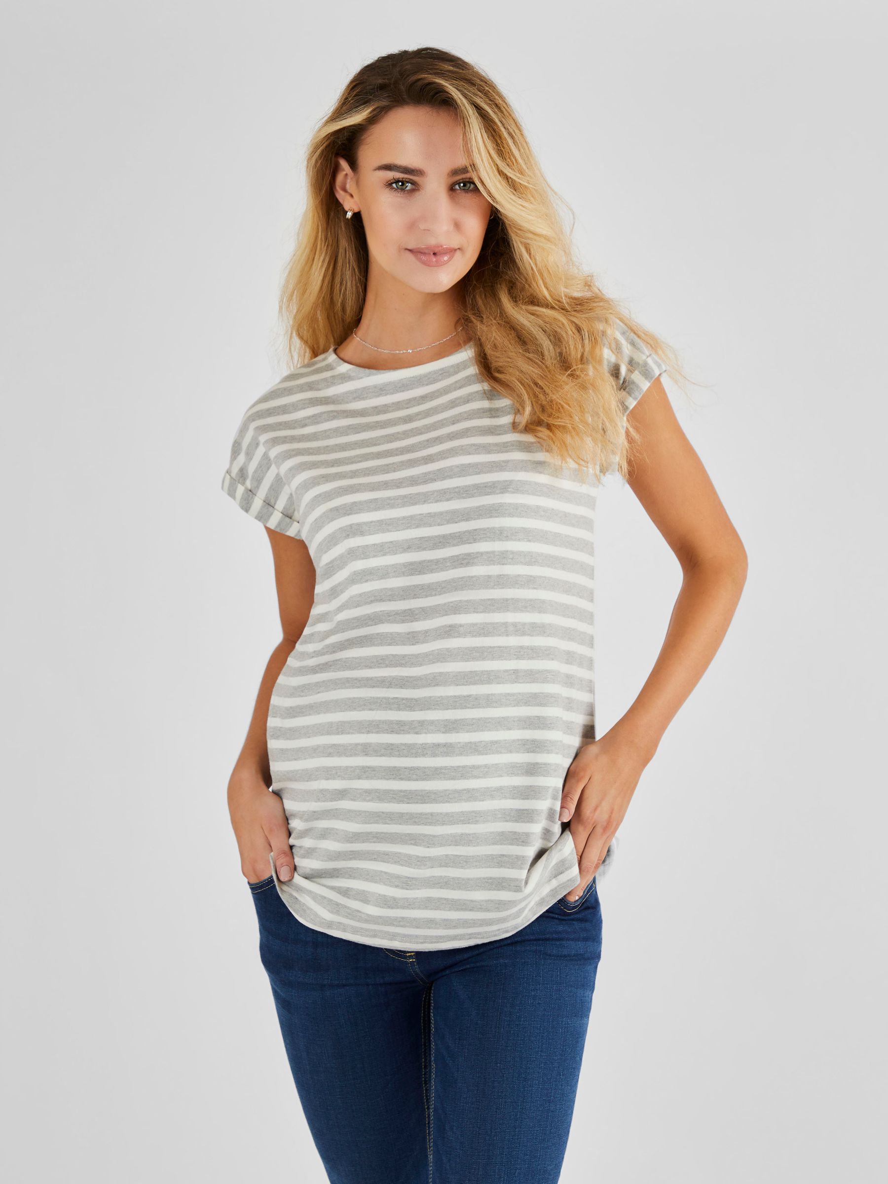 Marl Grey Cream Stripe Boyfriend Cotton Maternity T-Shirt - Image 1 of 4