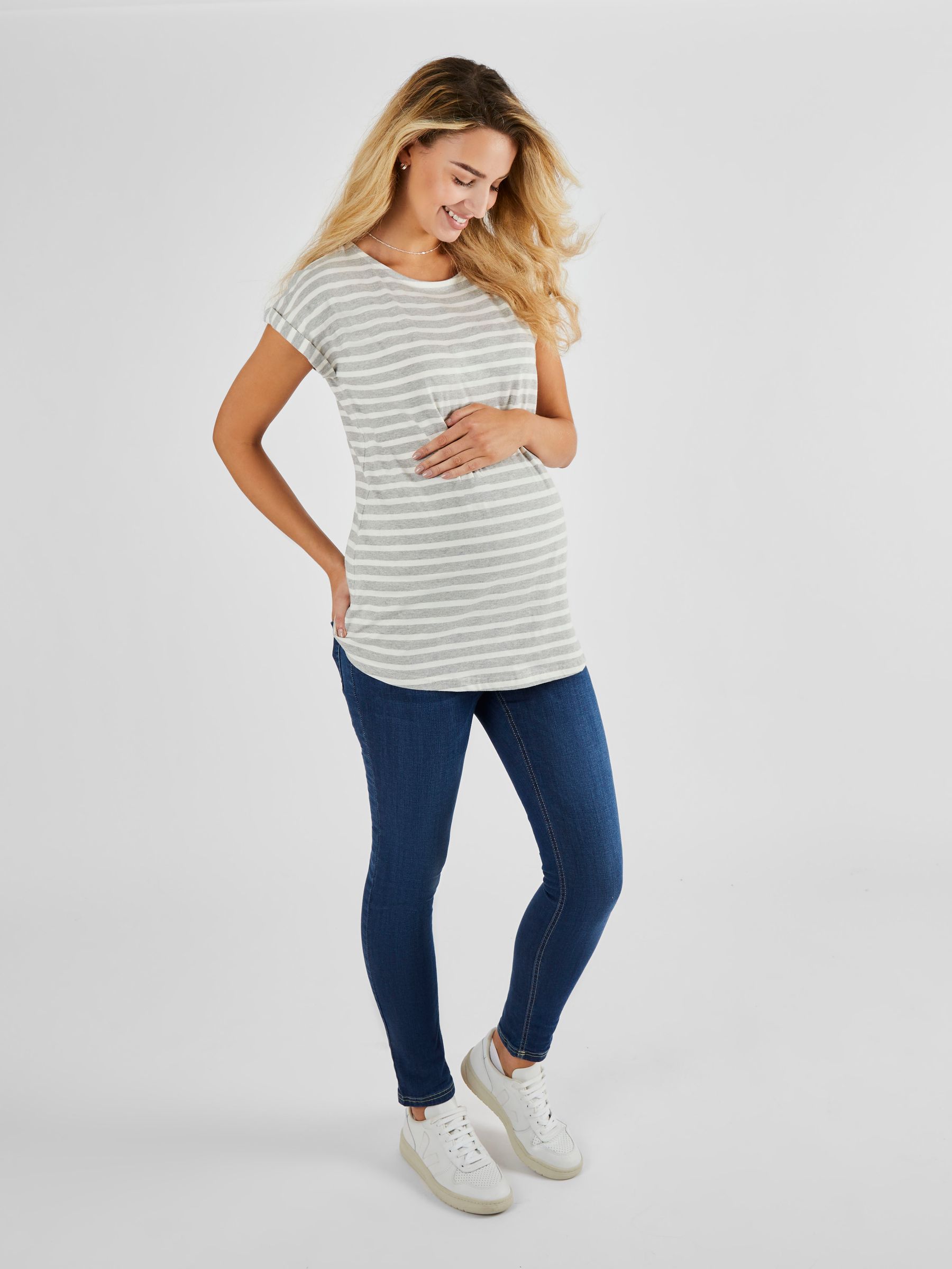 Marl Grey Cream Stripe Boyfriend Cotton Maternity T-Shirt - Image 3 of 4