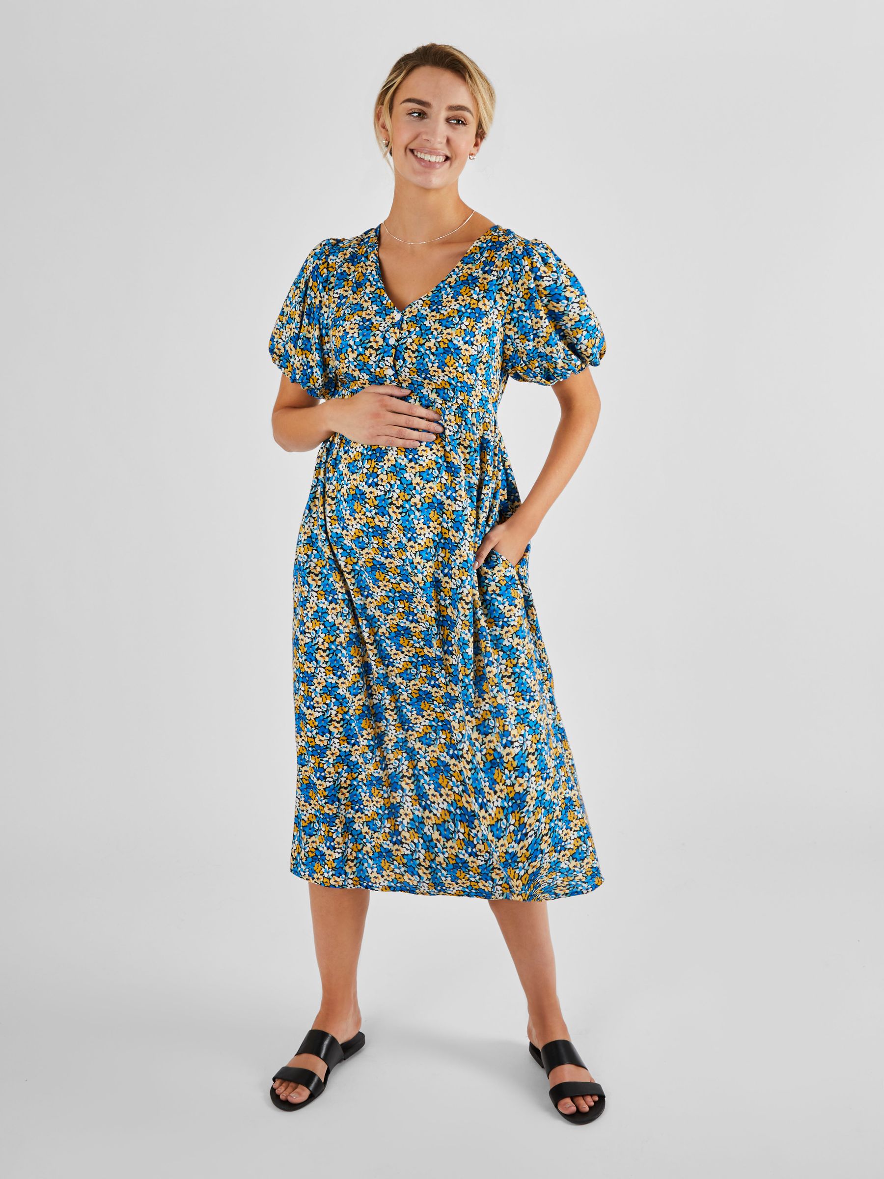 Blue Yellow Floral Puff Sleeve Maternity Midi Dress | JoJo Maman Bb Blue Yellow Floral Puff Sleeve Maternity Midi Dress | JoJo Maman Bb