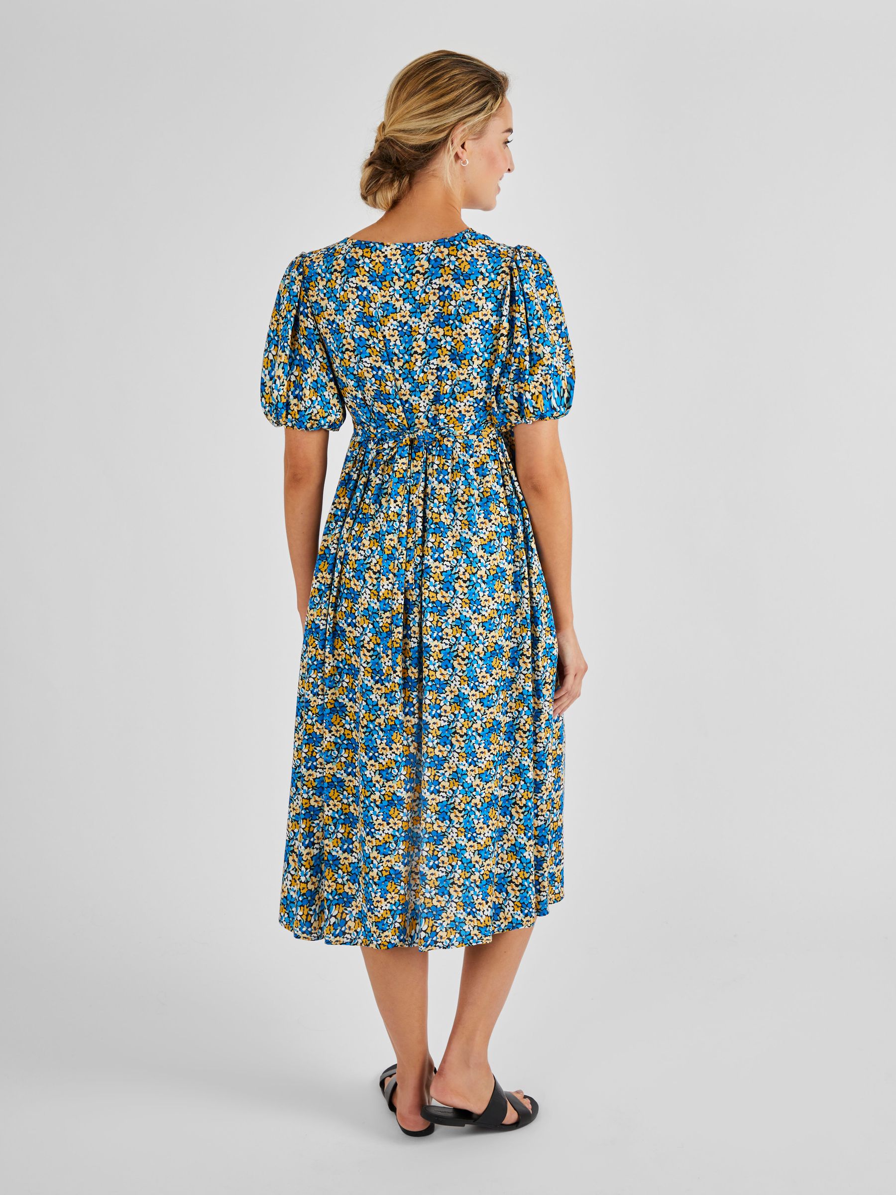 Blue Yellow Floral Puff Sleeve Maternity Midi Dress - Image 2 of 5