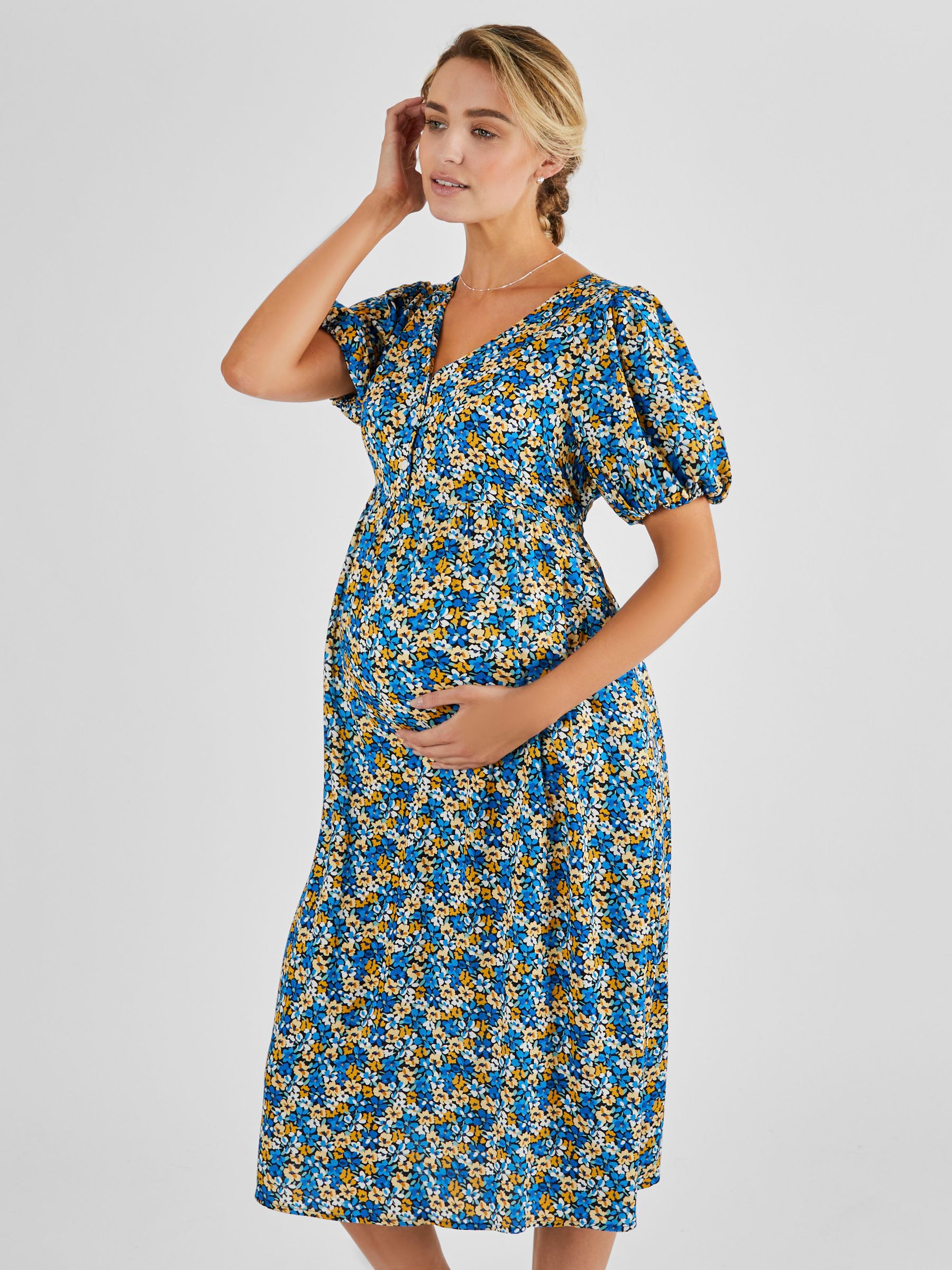 Blue Yellow Floral Puff Sleeve Maternity Midi Dress - Image 3 of 5