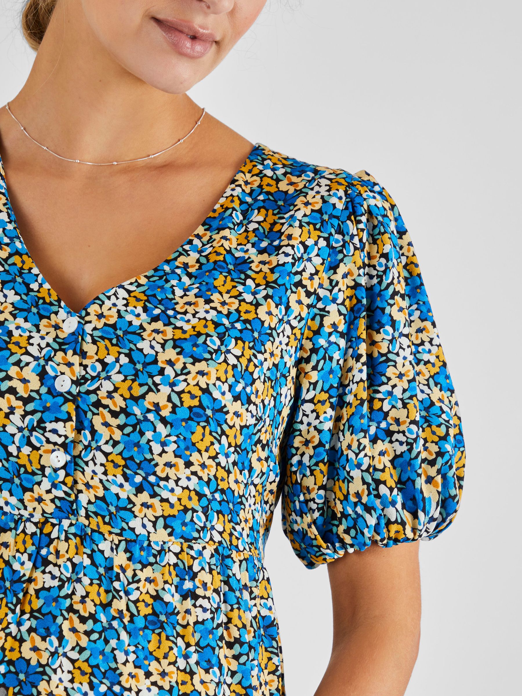 Blue Yellow Floral Puff Sleeve Maternity Midi Dress - Image 4 of 5