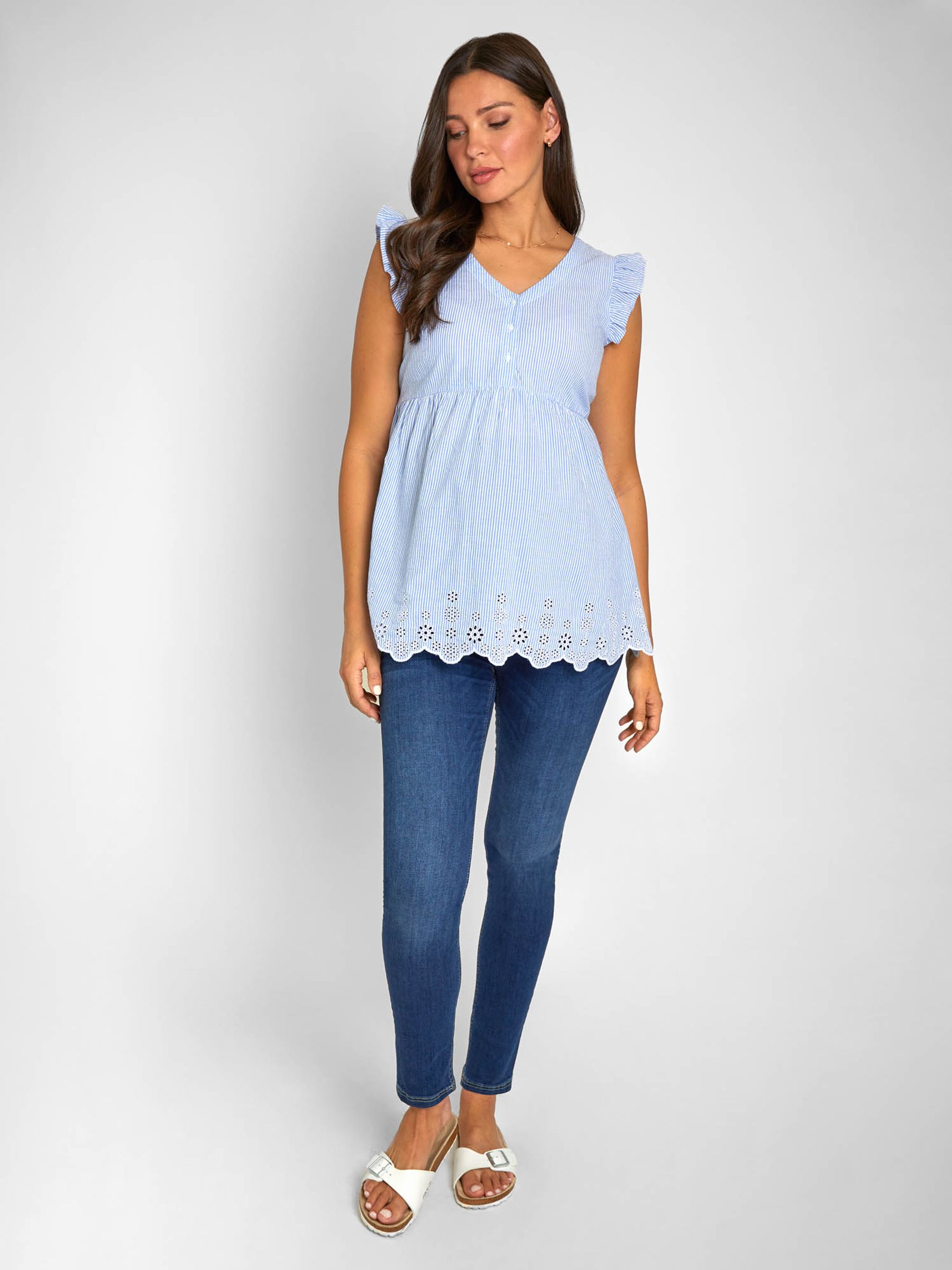 Blue Ticking Stripe Flutter Sleeve Maternity Blouse - Image 1 of 5