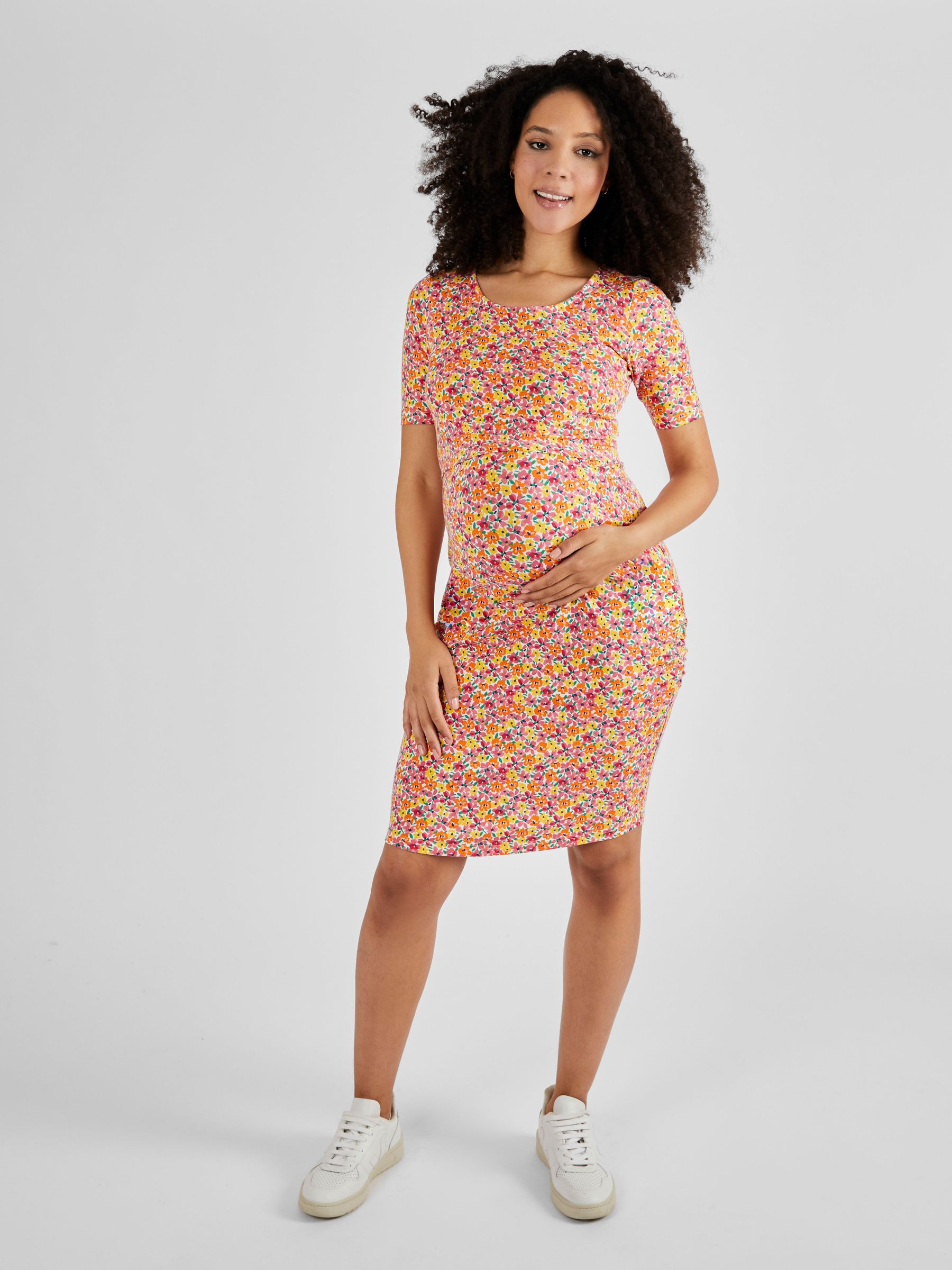 Coral Pink Floral Ditsy Maternity & Nursing Bodycon Dress - Image 1 of 5