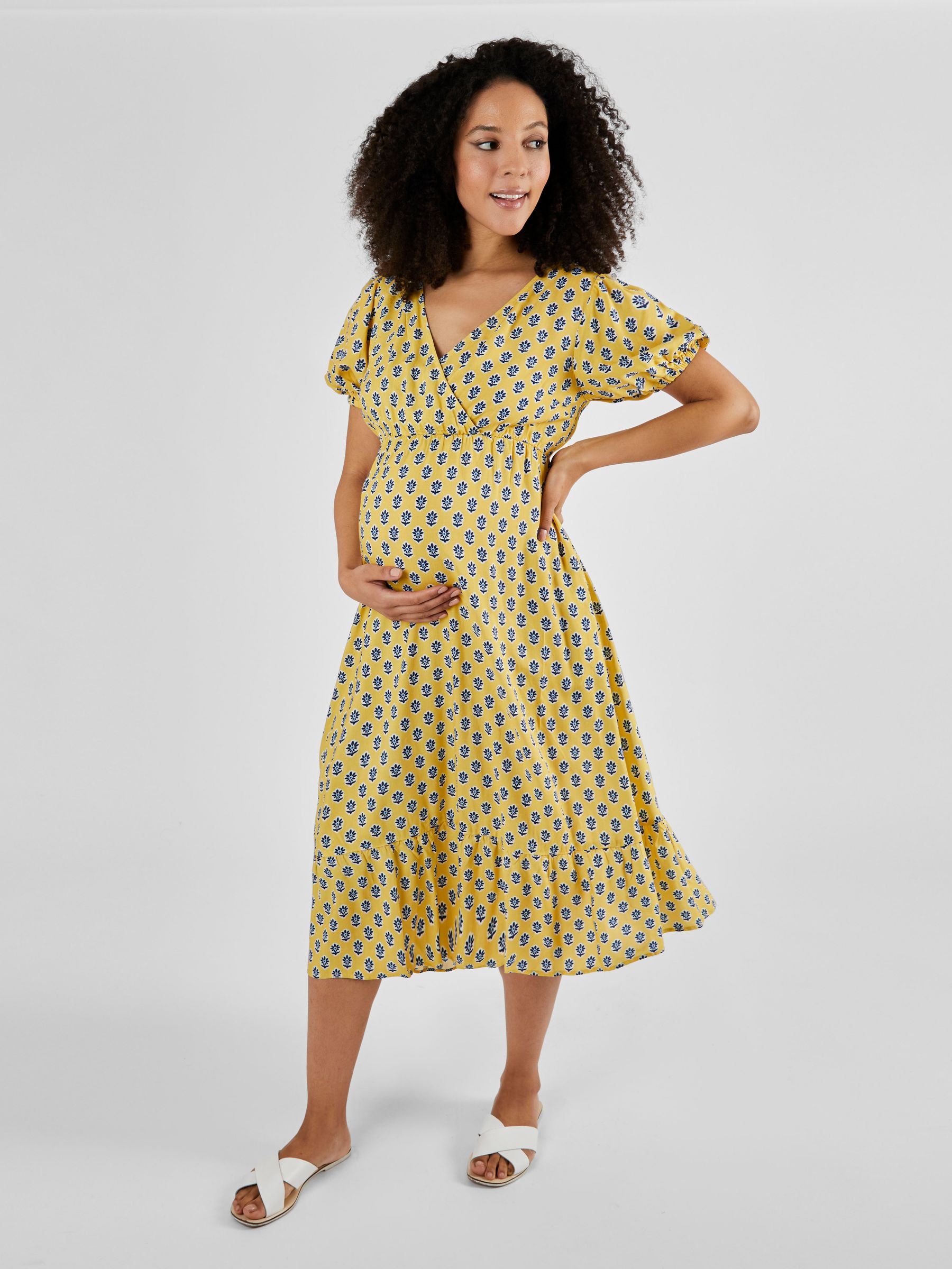 Yellow Batik Print Maternity Midi Dress - Image 1 of 4