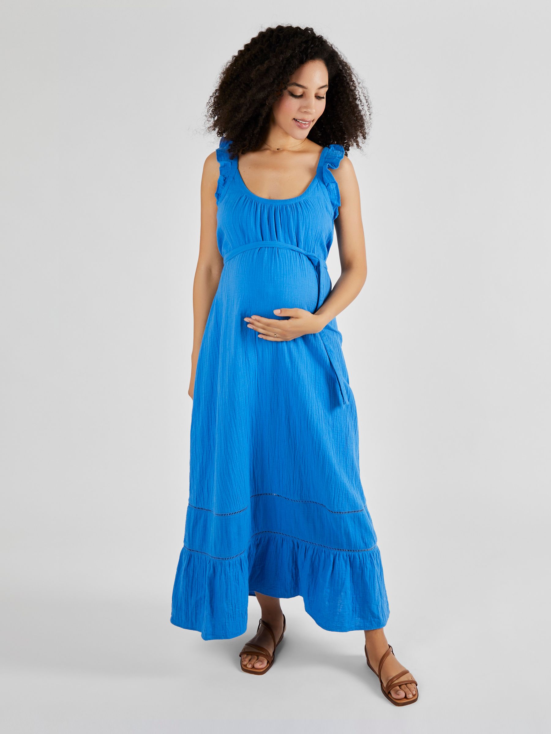 Blue Flutter Sleeve Maternity Maxi Dress - Image 1 of 5
