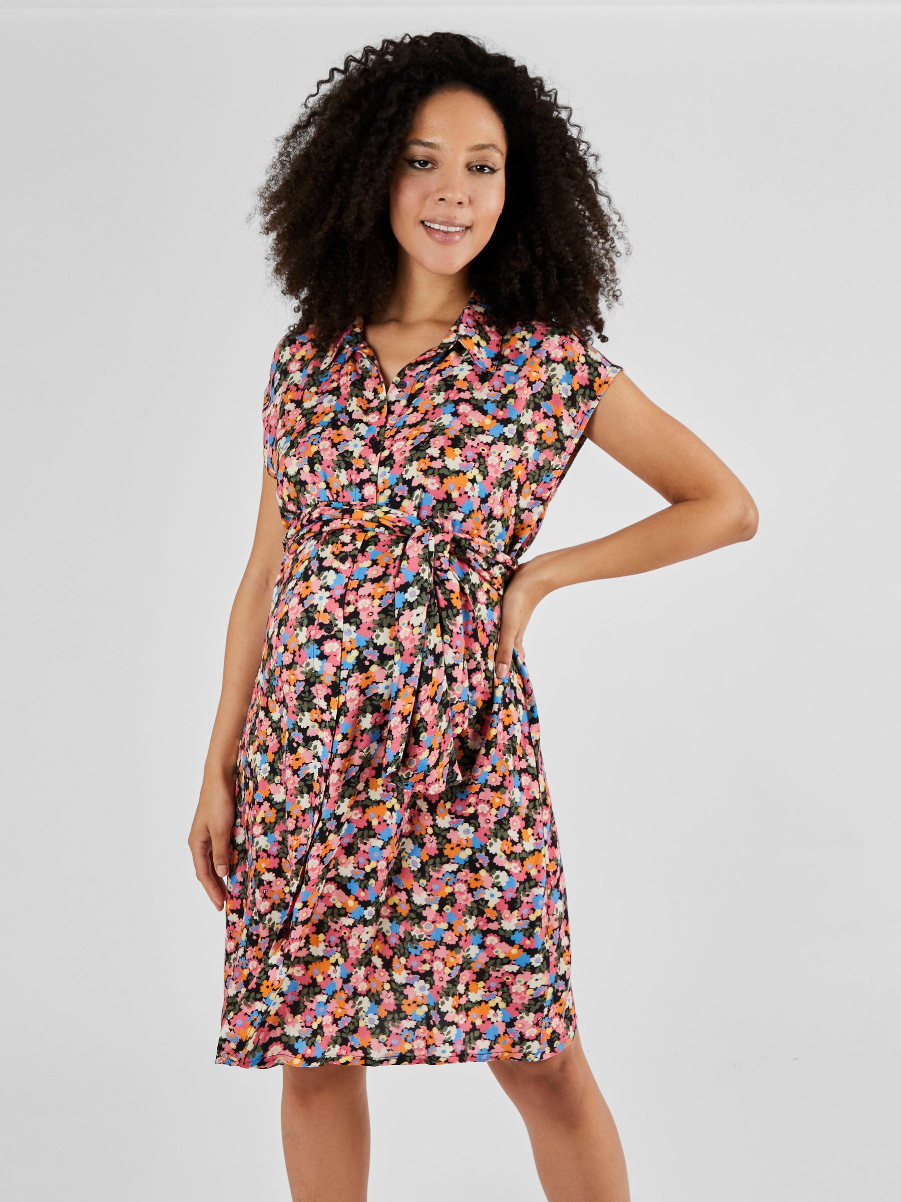 Multi Floral Maternity Shirt Dress With Tie - Image 1 of 5