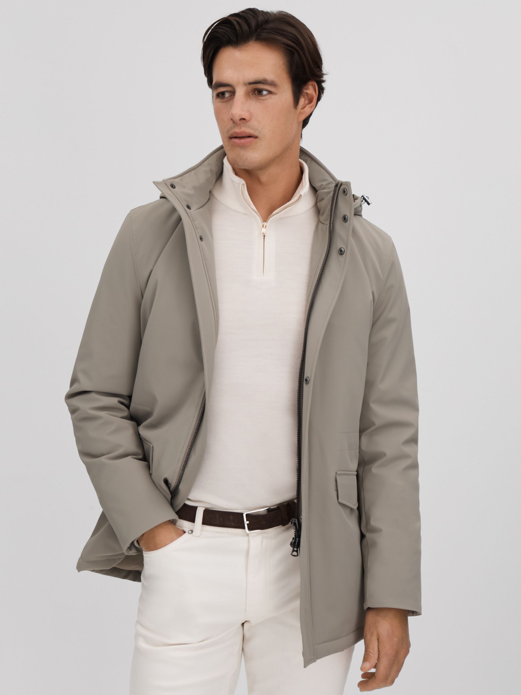 Water Repellent Removable Hooded Coat in Taupe - Image 1 of 10