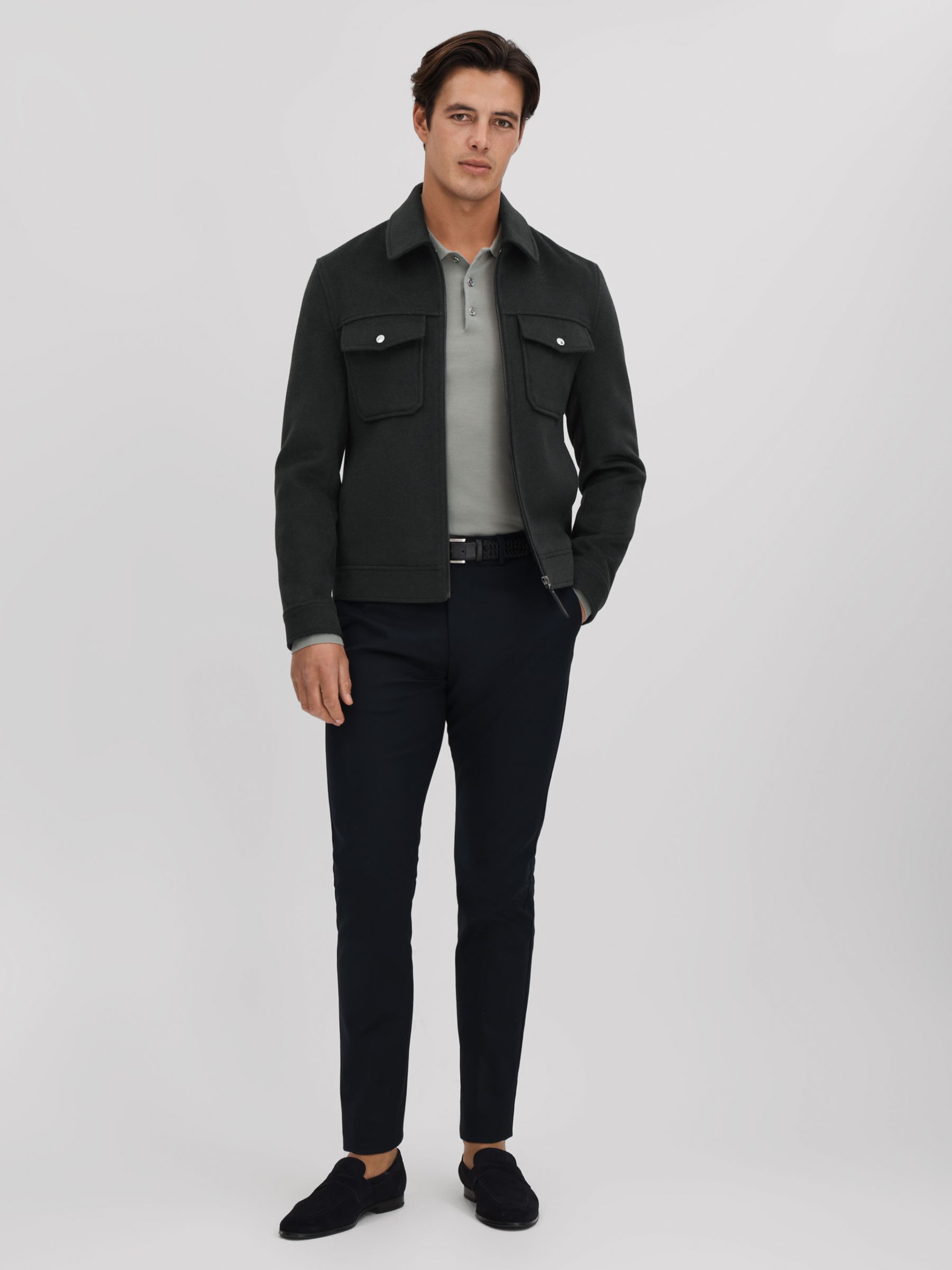 Wool Blend Zip-Through Jacket in Dark Forest Green - Image 3 of 6
