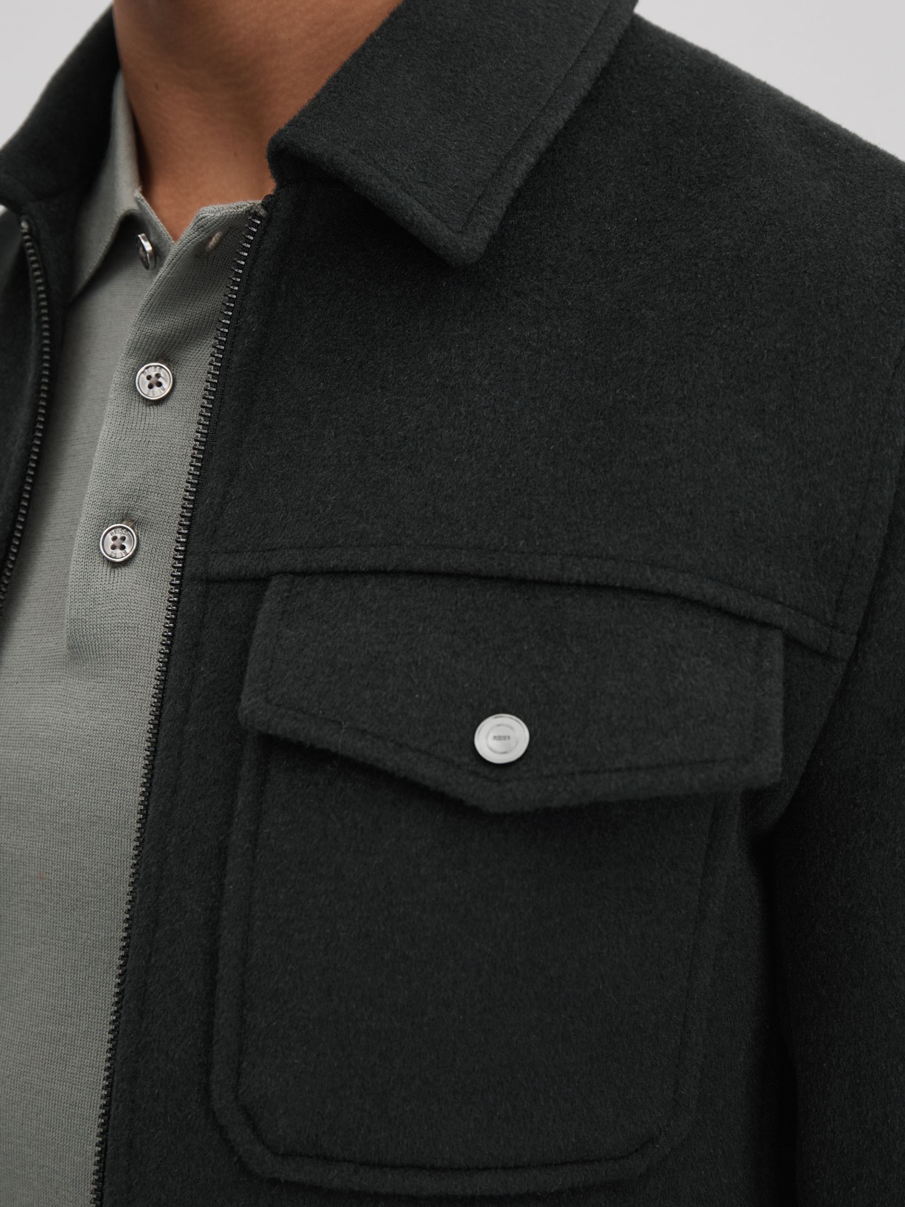 Wool Blend Zip-Through Jacket in Dark Forest Green - Image 4 of 6