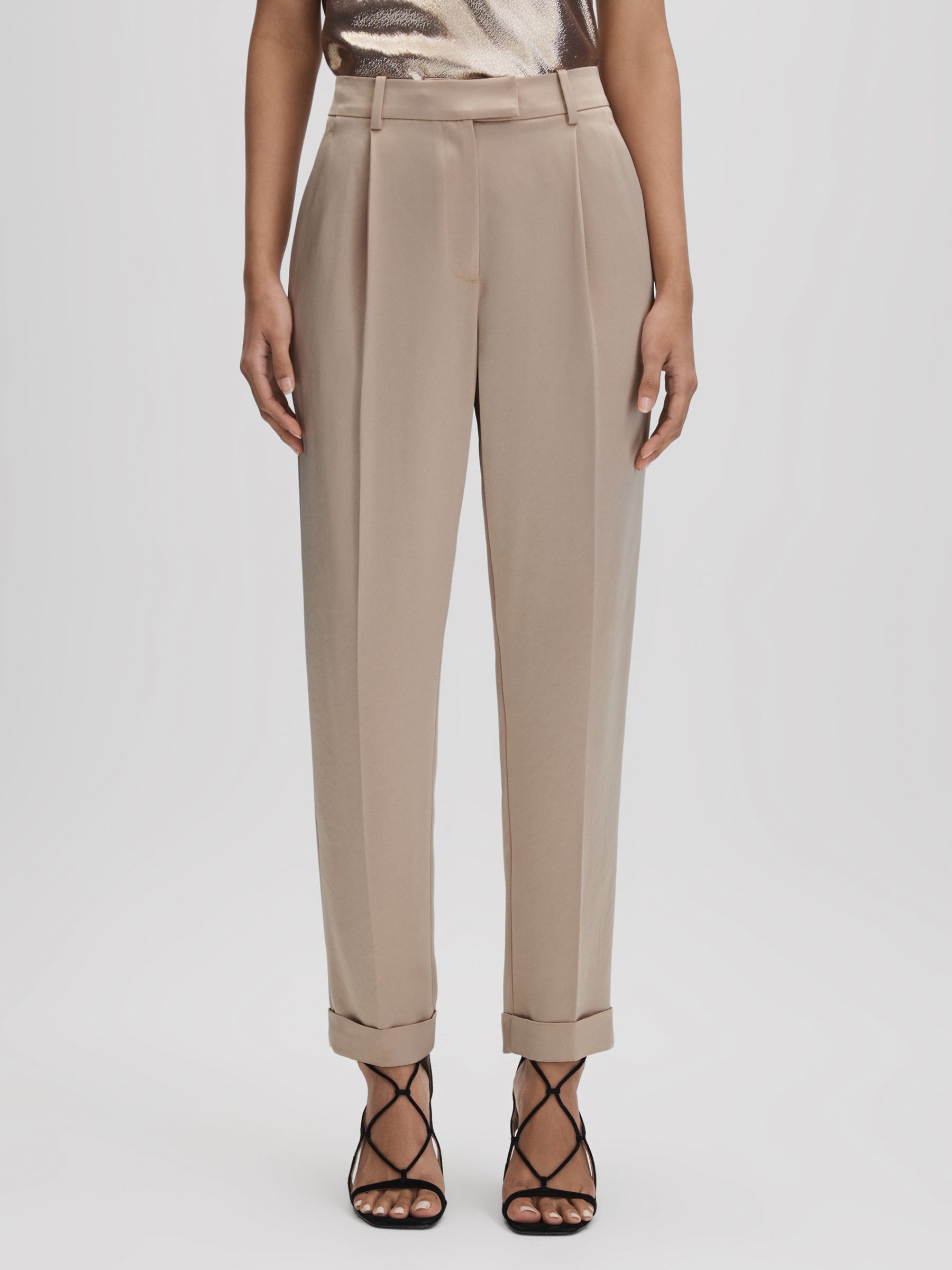 Metallic Tapered Rolled Hem Trousers in Gold - Image 1 of 6