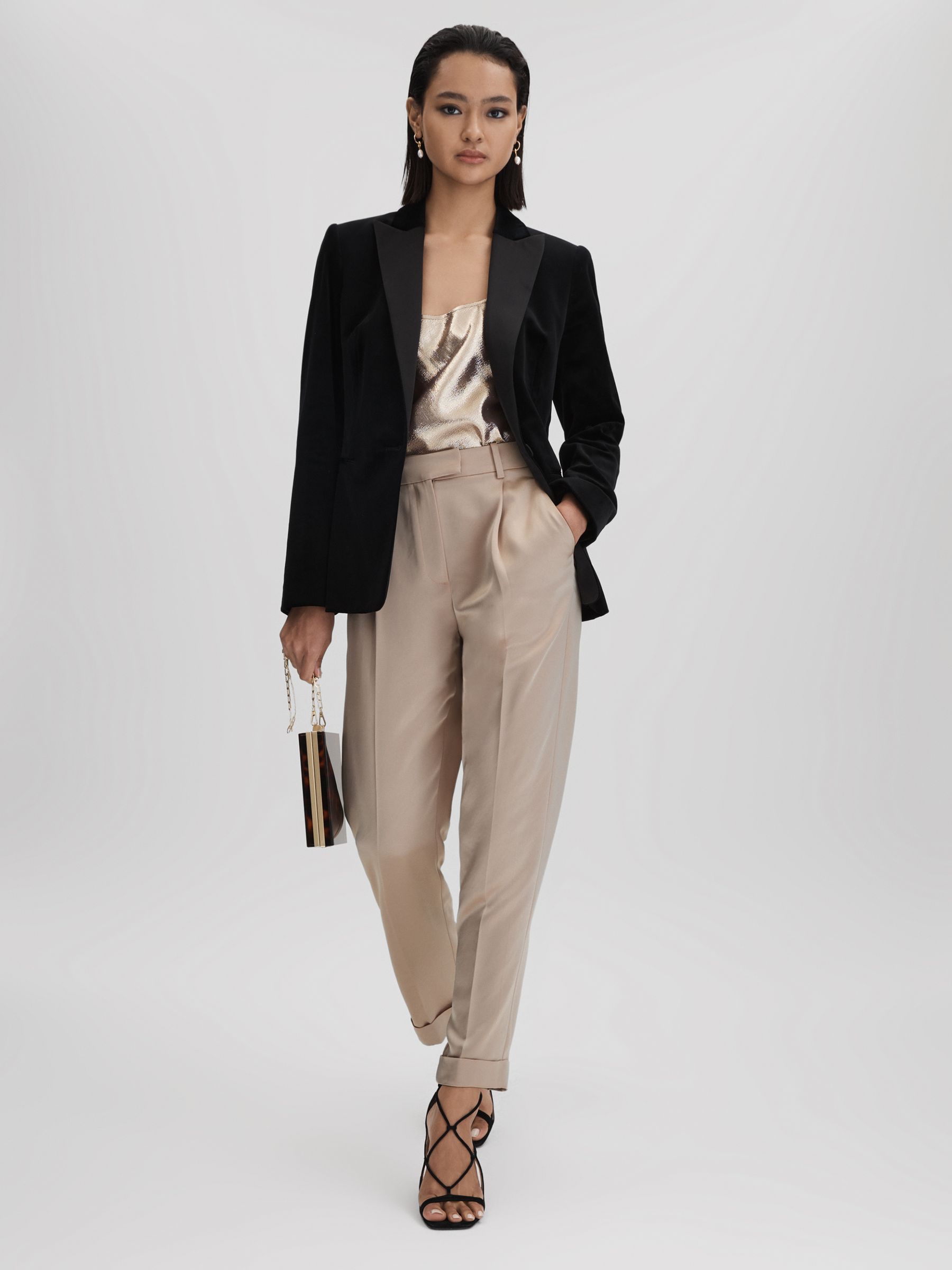 Metallic Tapered Rolled Hem Trousers in Gold - Image 3 of 6