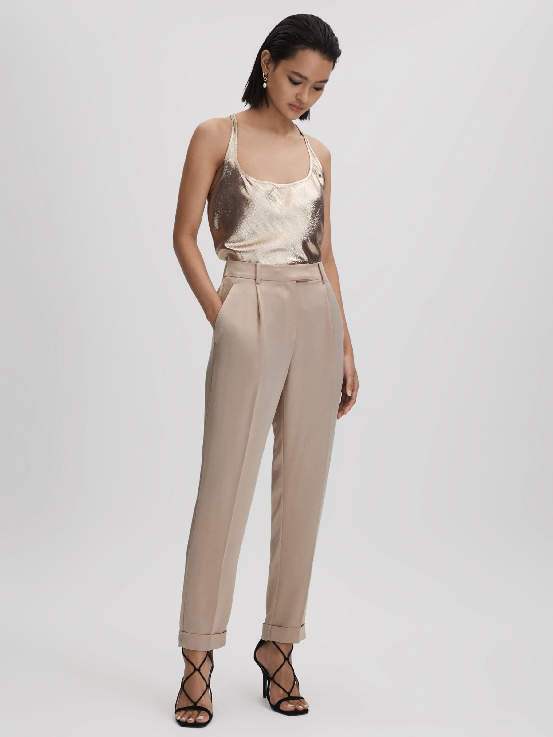 Metallic Tapered Rolled Hem Trousers in Gold - Image 6 of 6