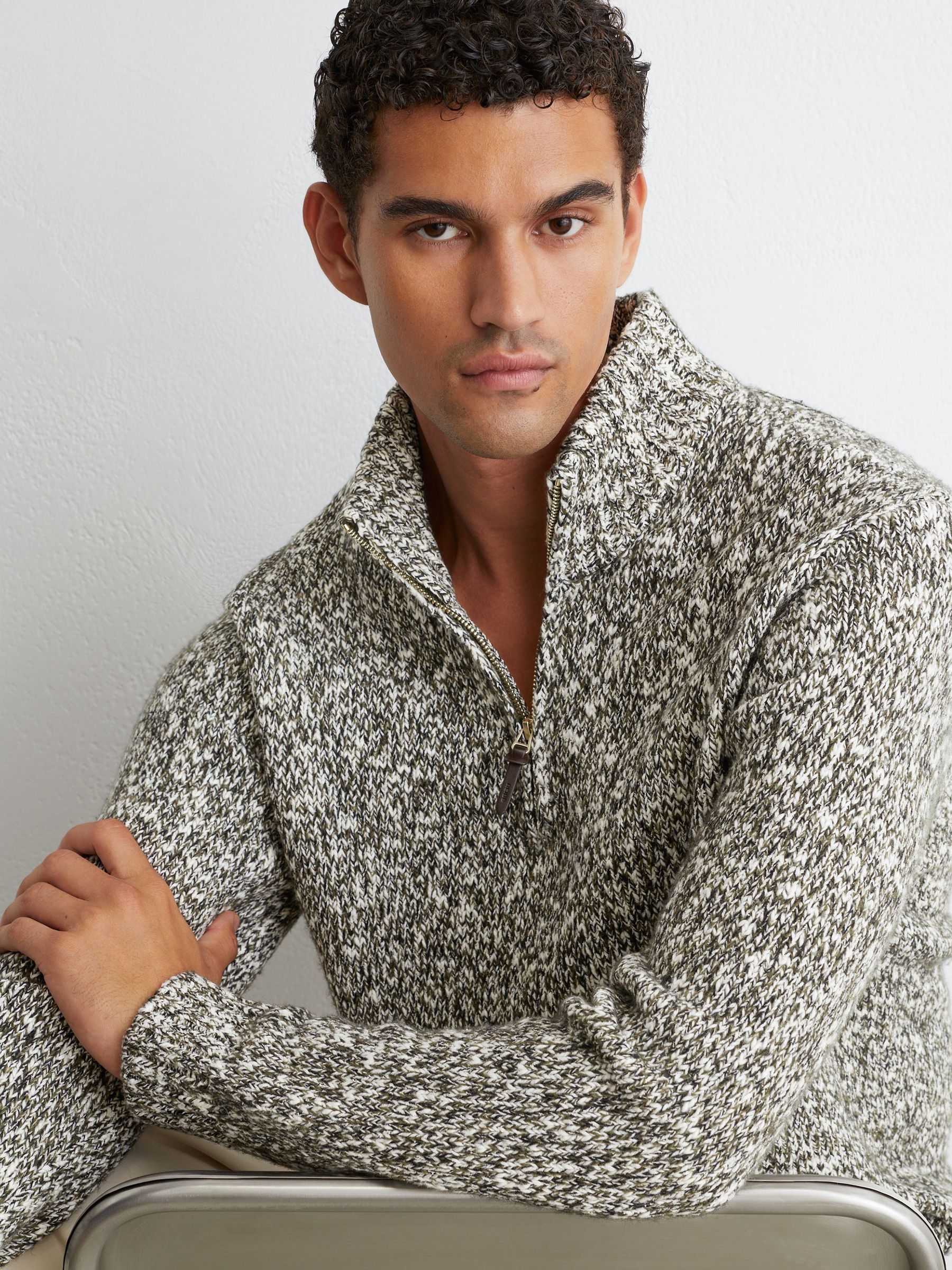 Cotton and Wool Speckled Knit Jumper in Green/White - Image 1 of 7 Cotton and Wool Speckled Knit Jumper in Green/White - Image 1 of 7