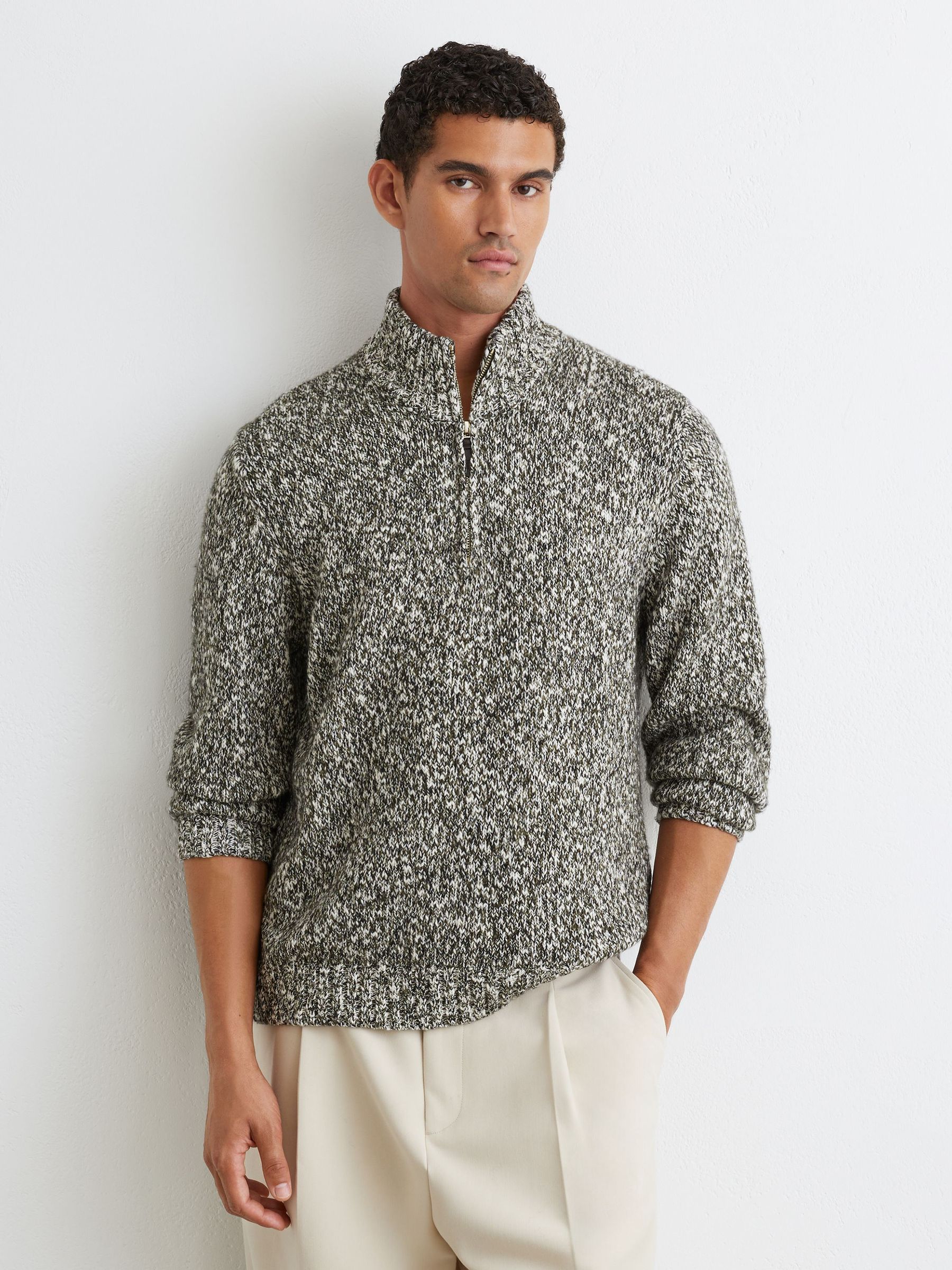 Cotton and Wool Speckled Knit Jumper in Green/White - Image 3 of 7