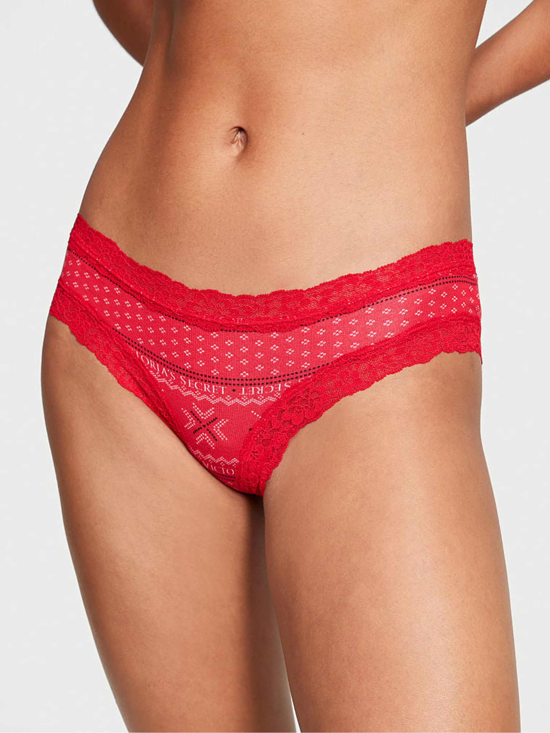 Lipstick Red Fair Isle Posey Lace Trim Cotton Cheeky Knickers - Image 1 of 3