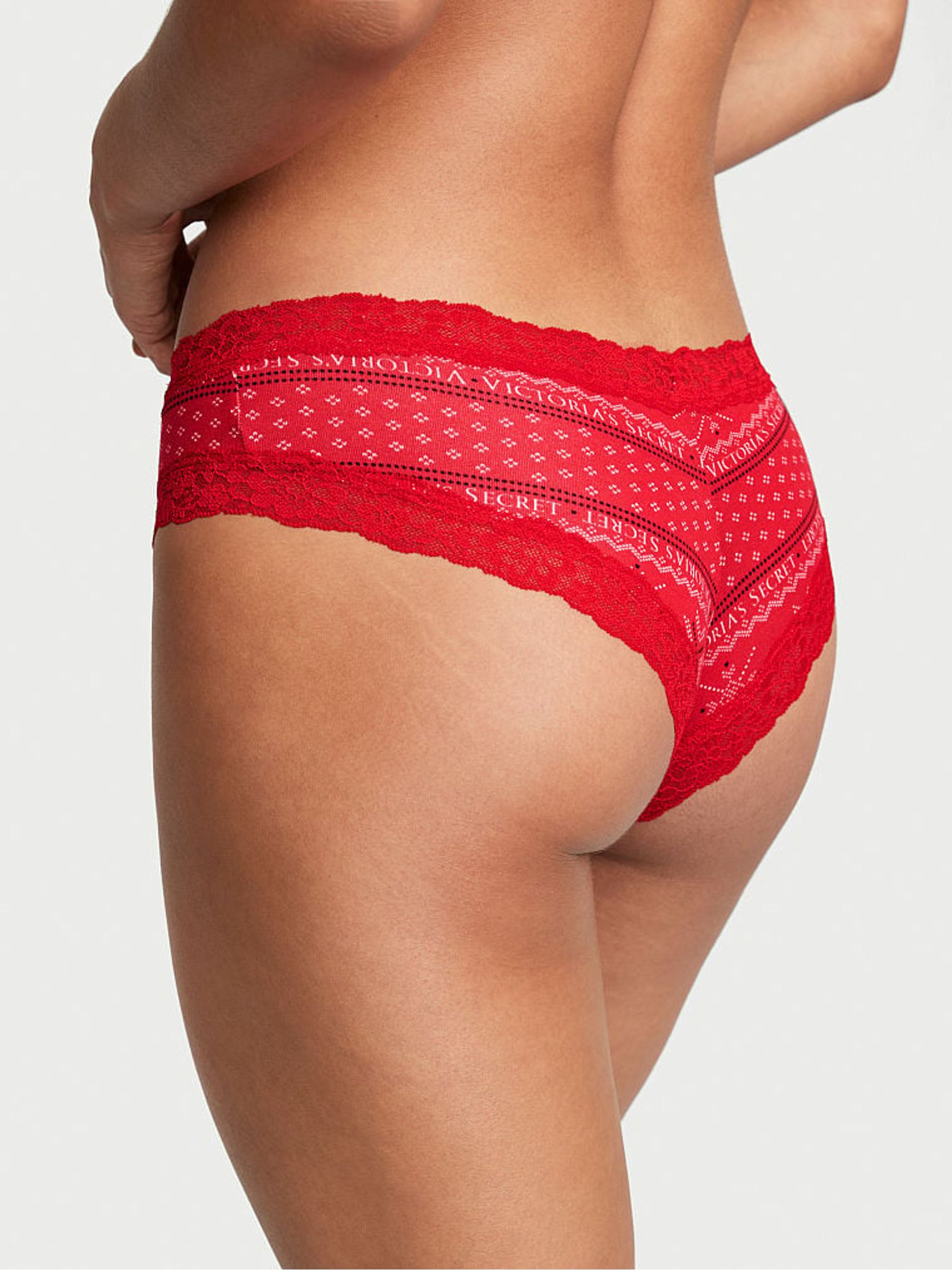 Lipstick Red Fair Isle Posey Lace Trim Cotton Cheeky Knickers - Image 2 of 3