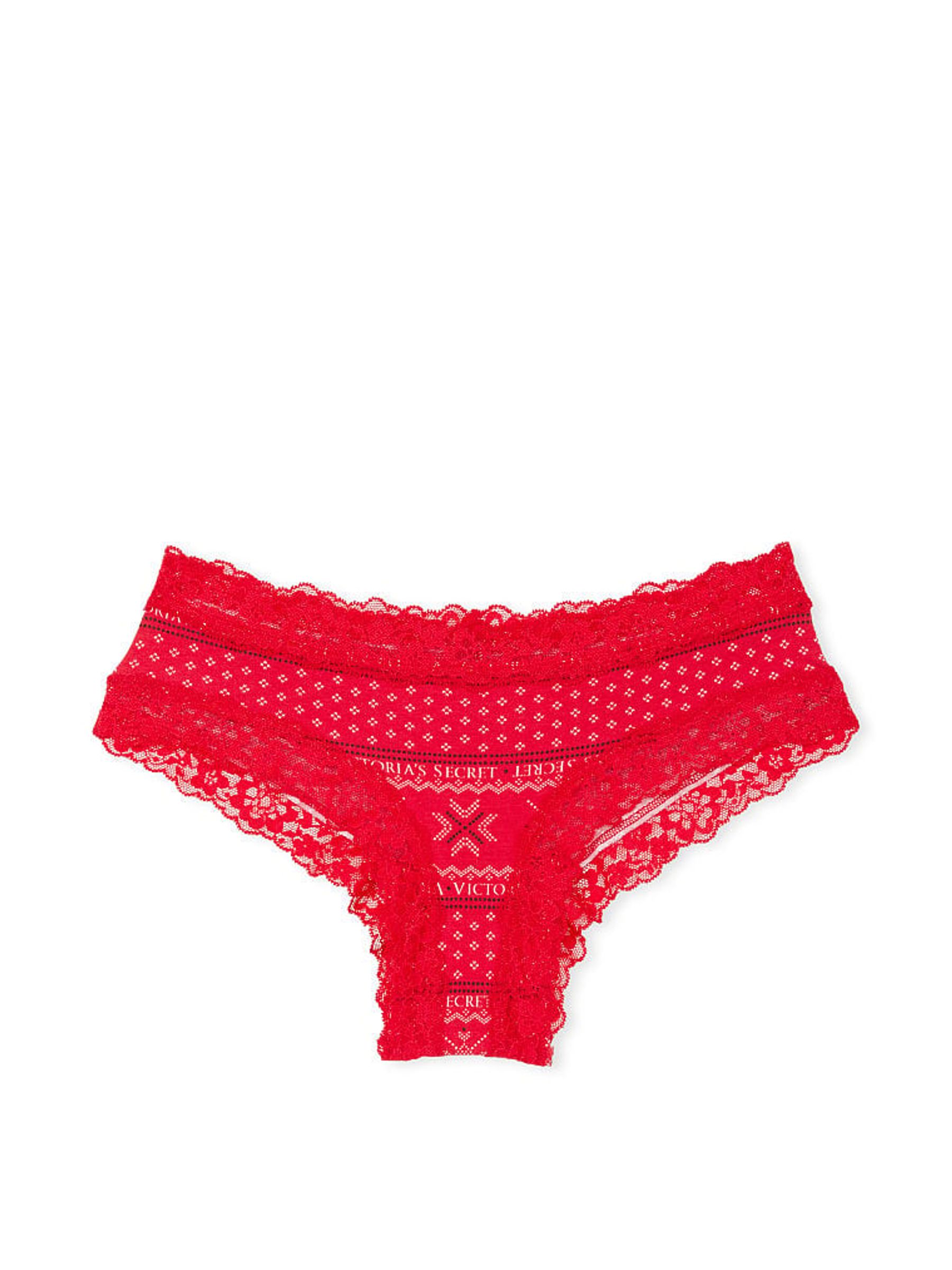 Lipstick Red Fair Isle Posey Lace Trim Cotton Cheeky Knickers - Image 3 of 3