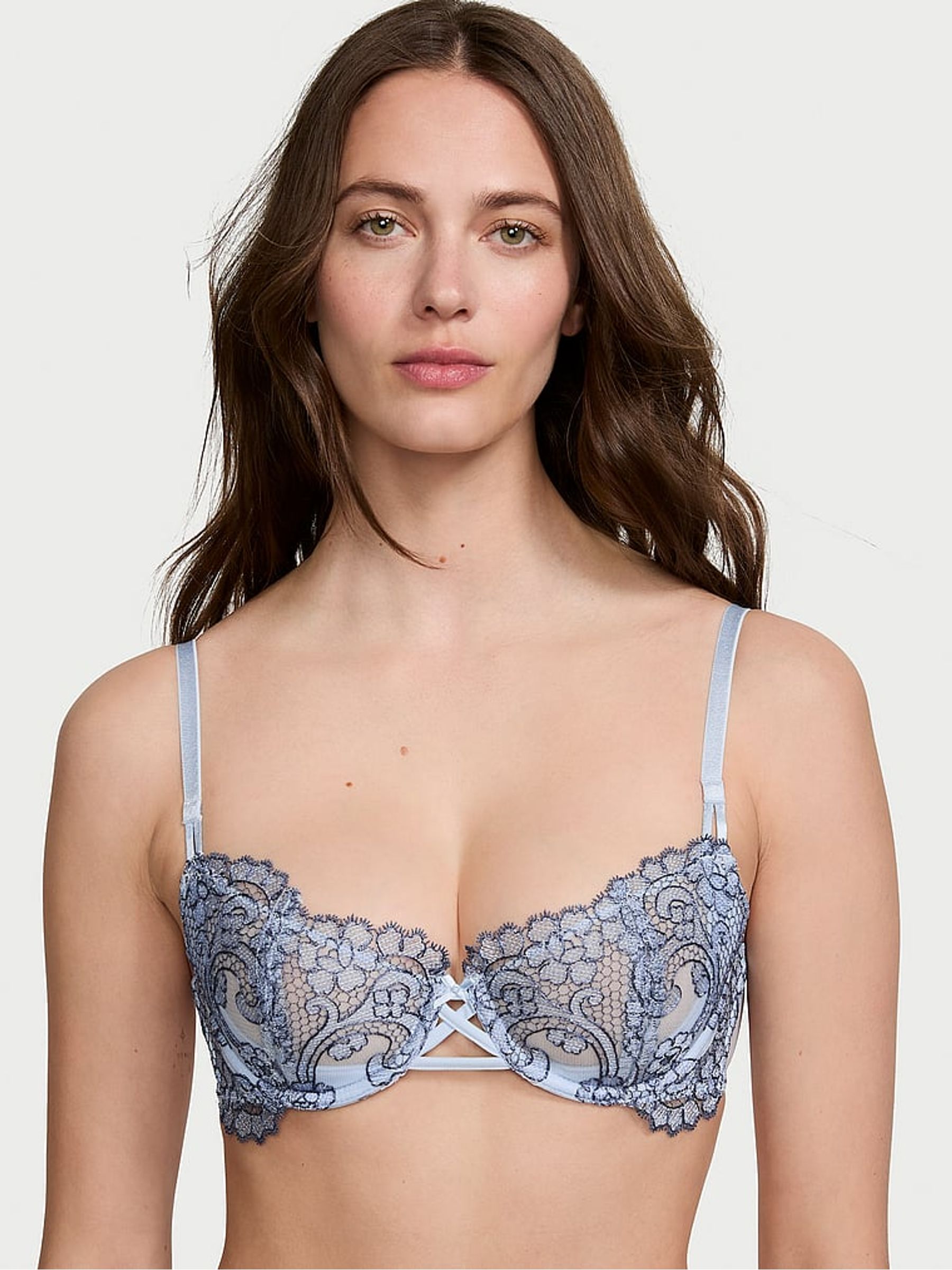 Blue Faded Denim Unlined Balcony Boho Floral Bra - Image 1 of 3