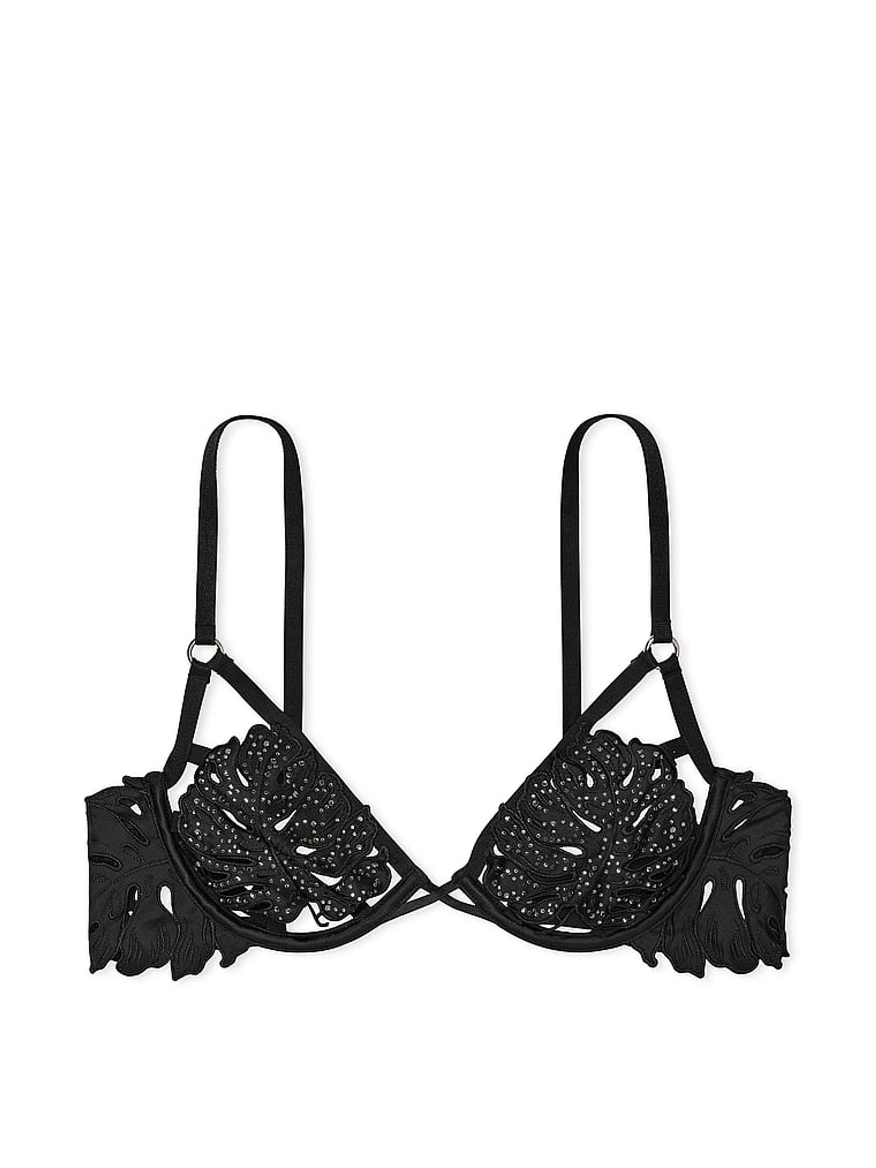 Black Embellished Tropical Leaf Low Cut Demi Bra - Image 3 of 4
