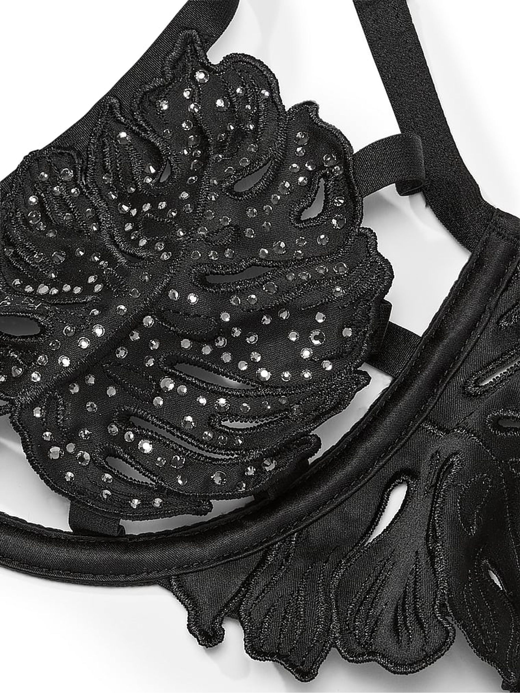 Black Embellished Tropical Leaf Low Cut Demi Bra - Image 4 of 4