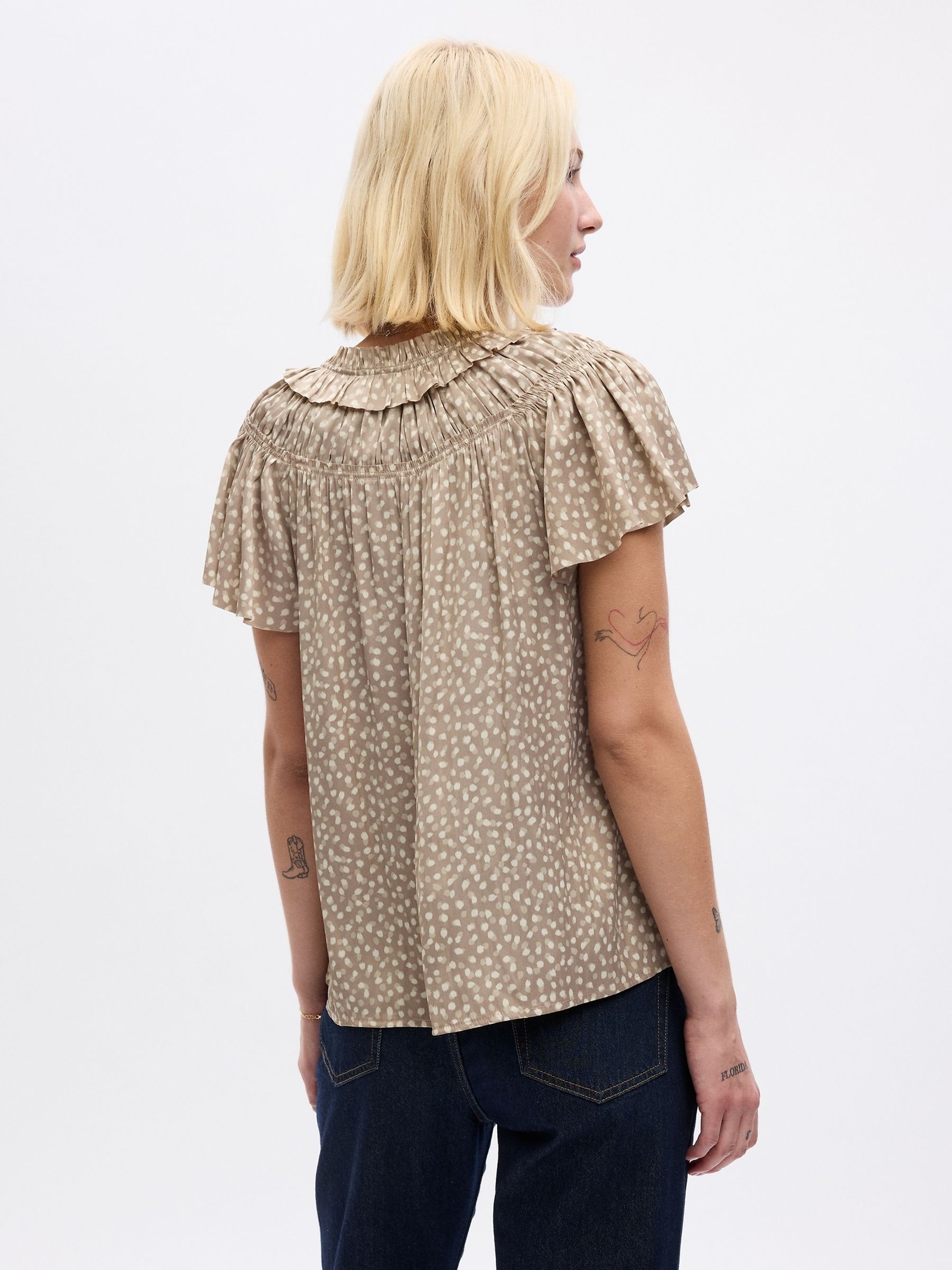 Brown Ruffle Neck Short Sleeve Blouse - Image 2 of 2