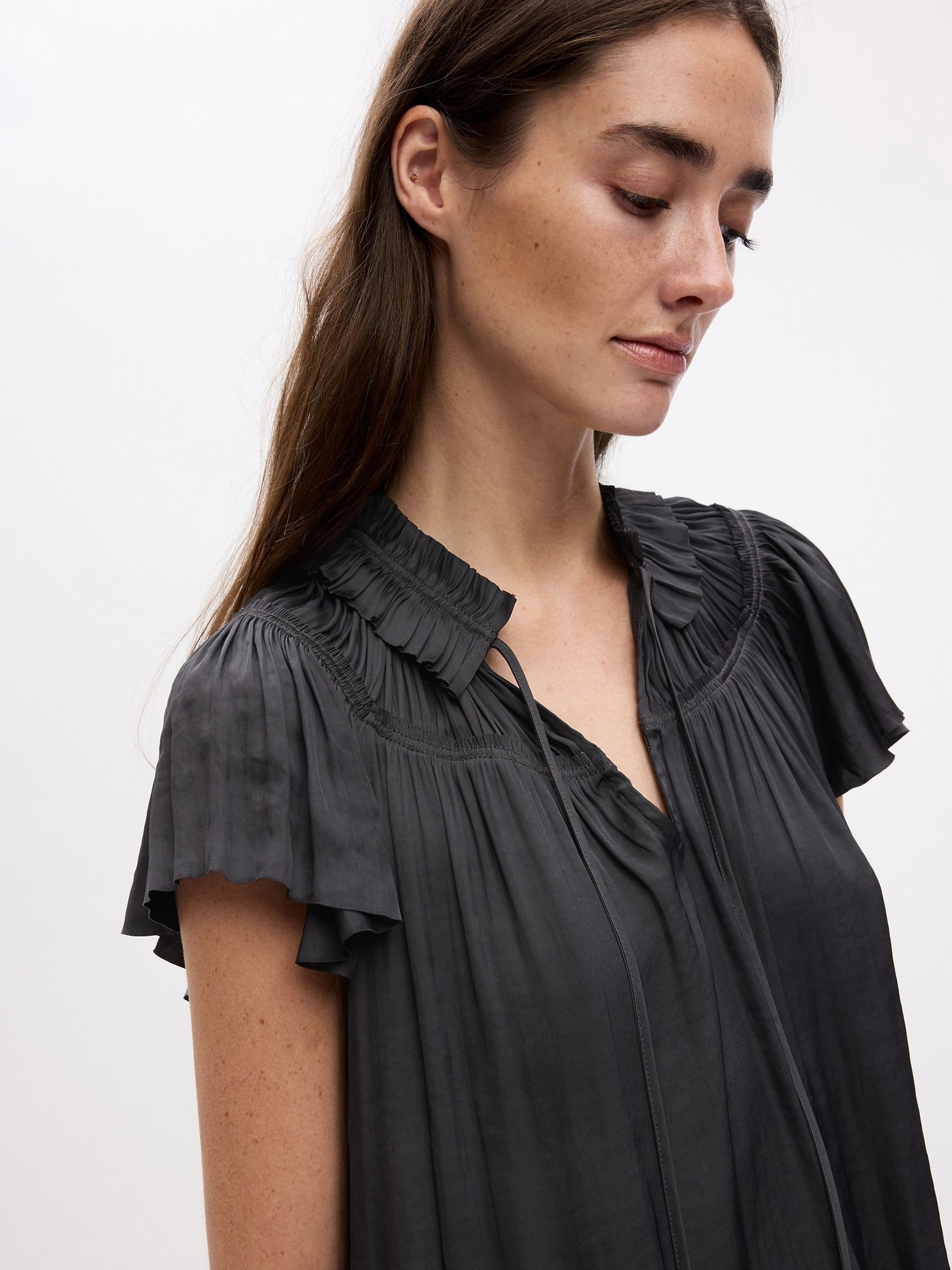 Grey Ruffle Neck Short Sleeve Blouse - Image 3 of 4