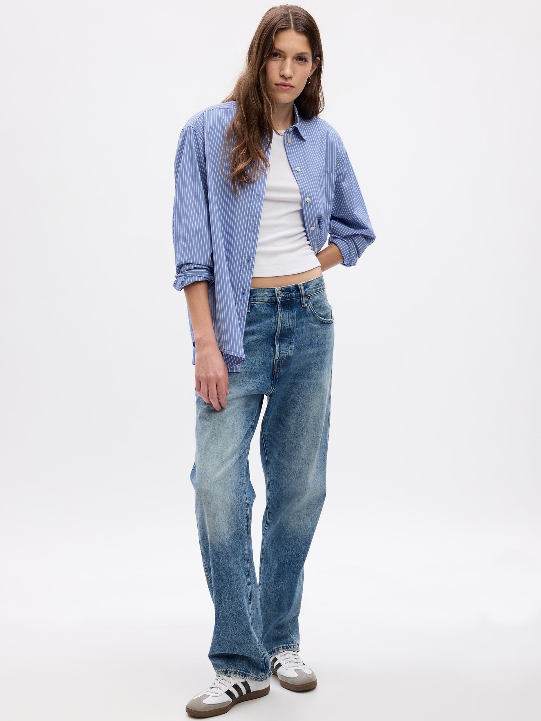 Blue Stripe Organic Cotton Oversized Long Sleeve Shirt - Image 1 of 4