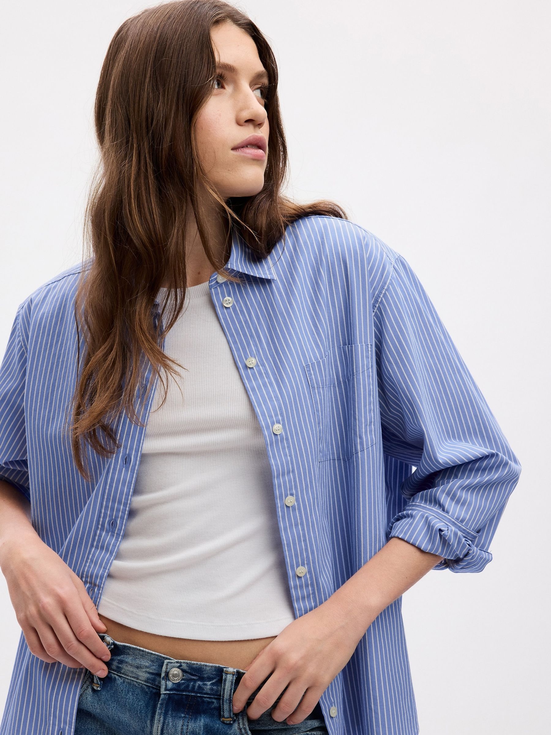 Blue Stripe Organic Cotton Oversized Long Sleeve Shirt - Image 3 of 4