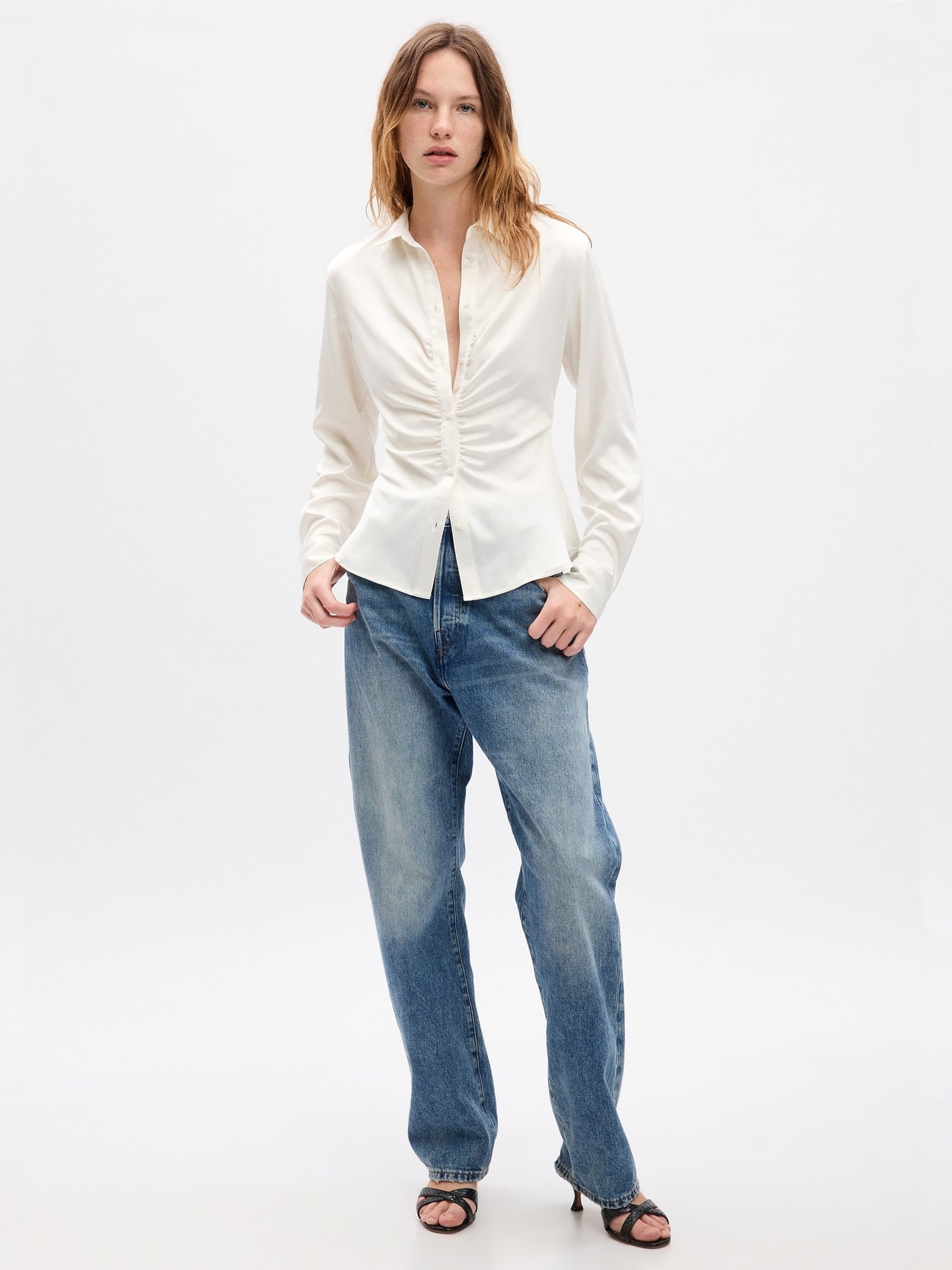White Satin Ruched Long Sleeve Shirt - Image 1 of 3