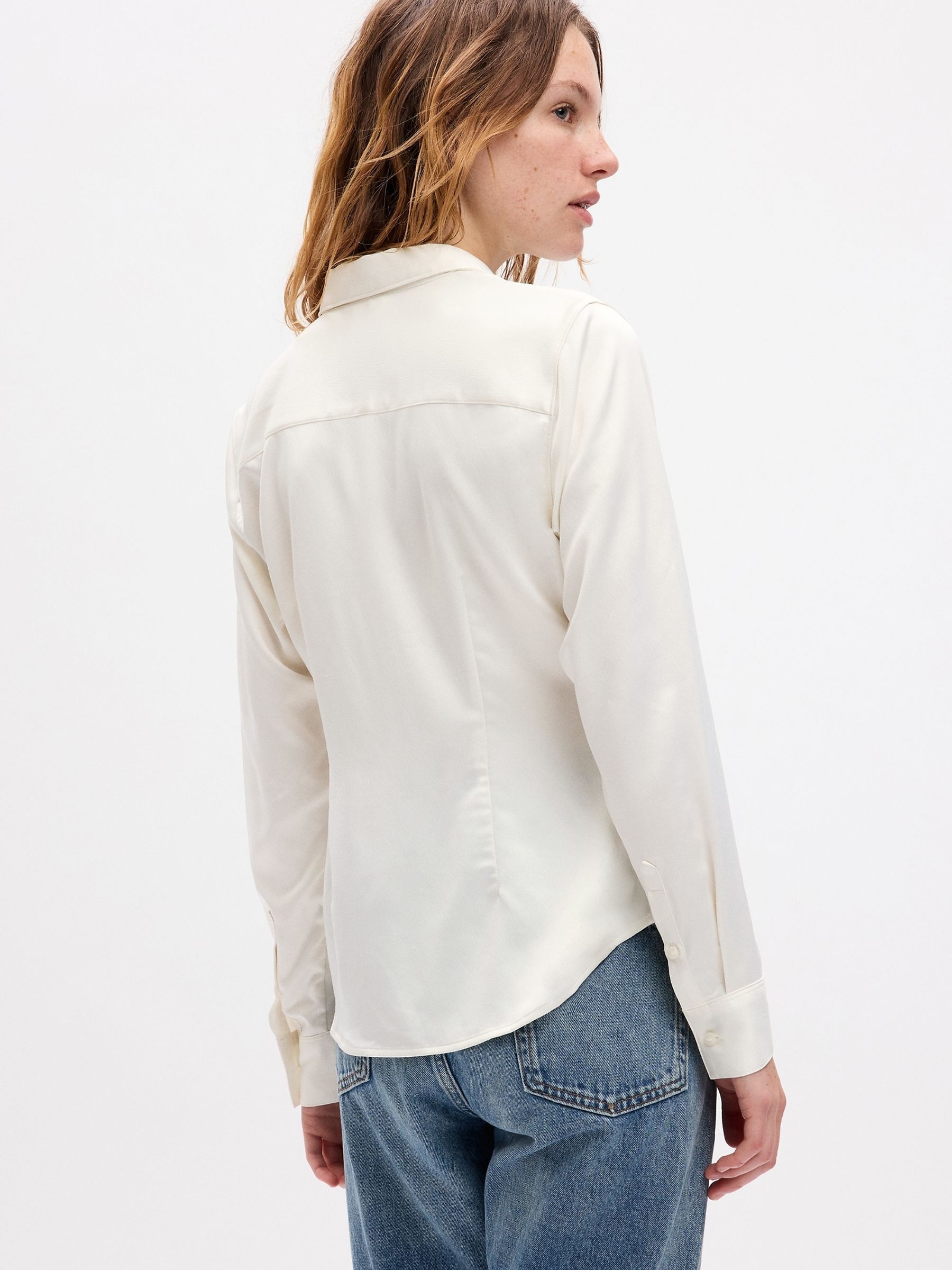 White Satin Ruched Long Sleeve Shirt - Image 2 of 3