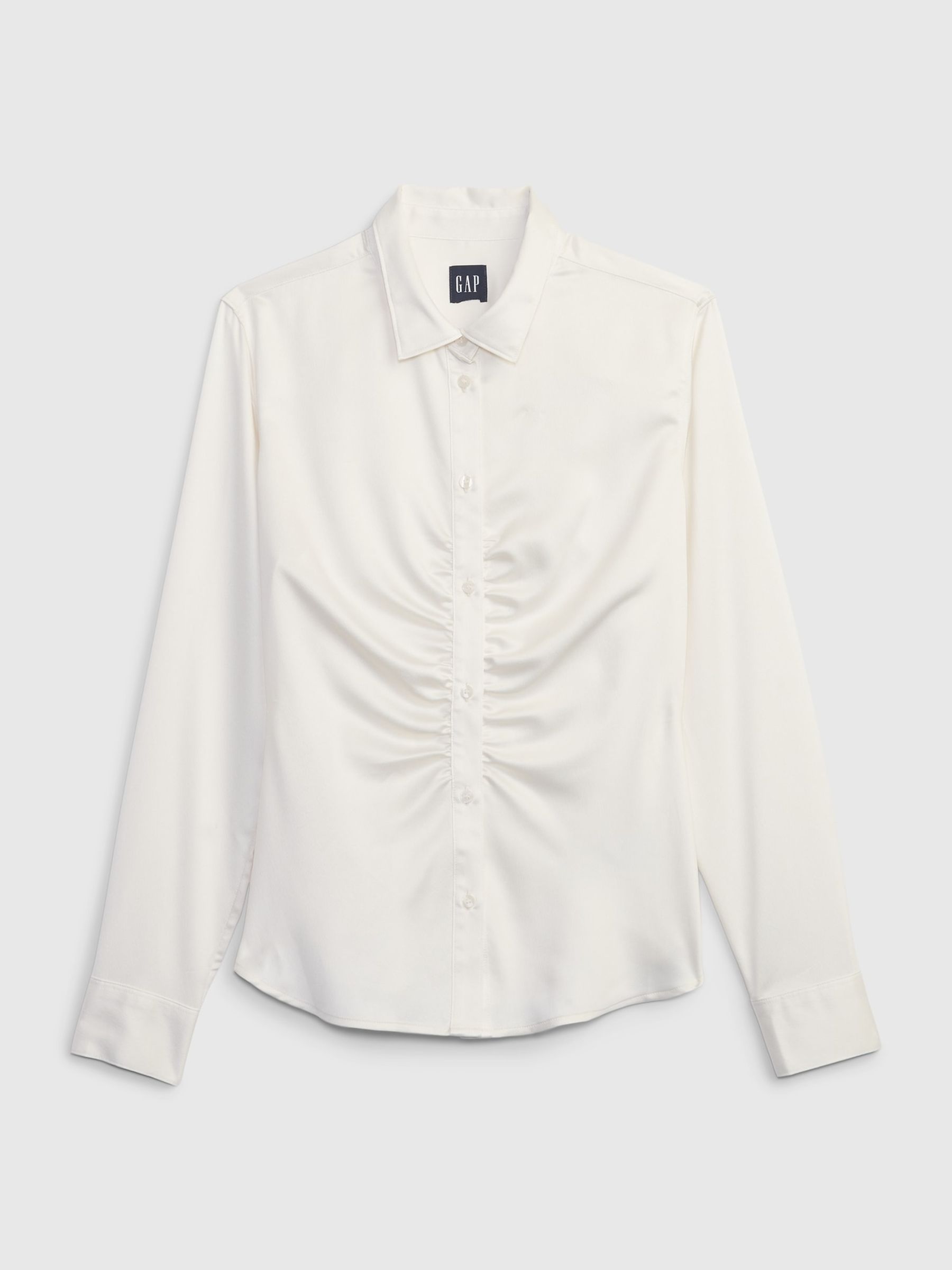 White Satin Ruched Long Sleeve Shirt - Image 3 of 3