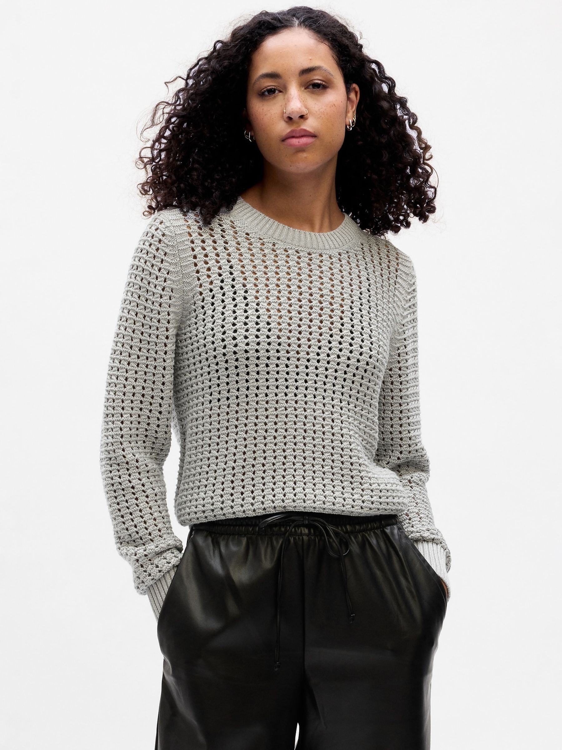 Grey Crochet Crew Neck Long Sleeve Jumper - Image 1 of 1