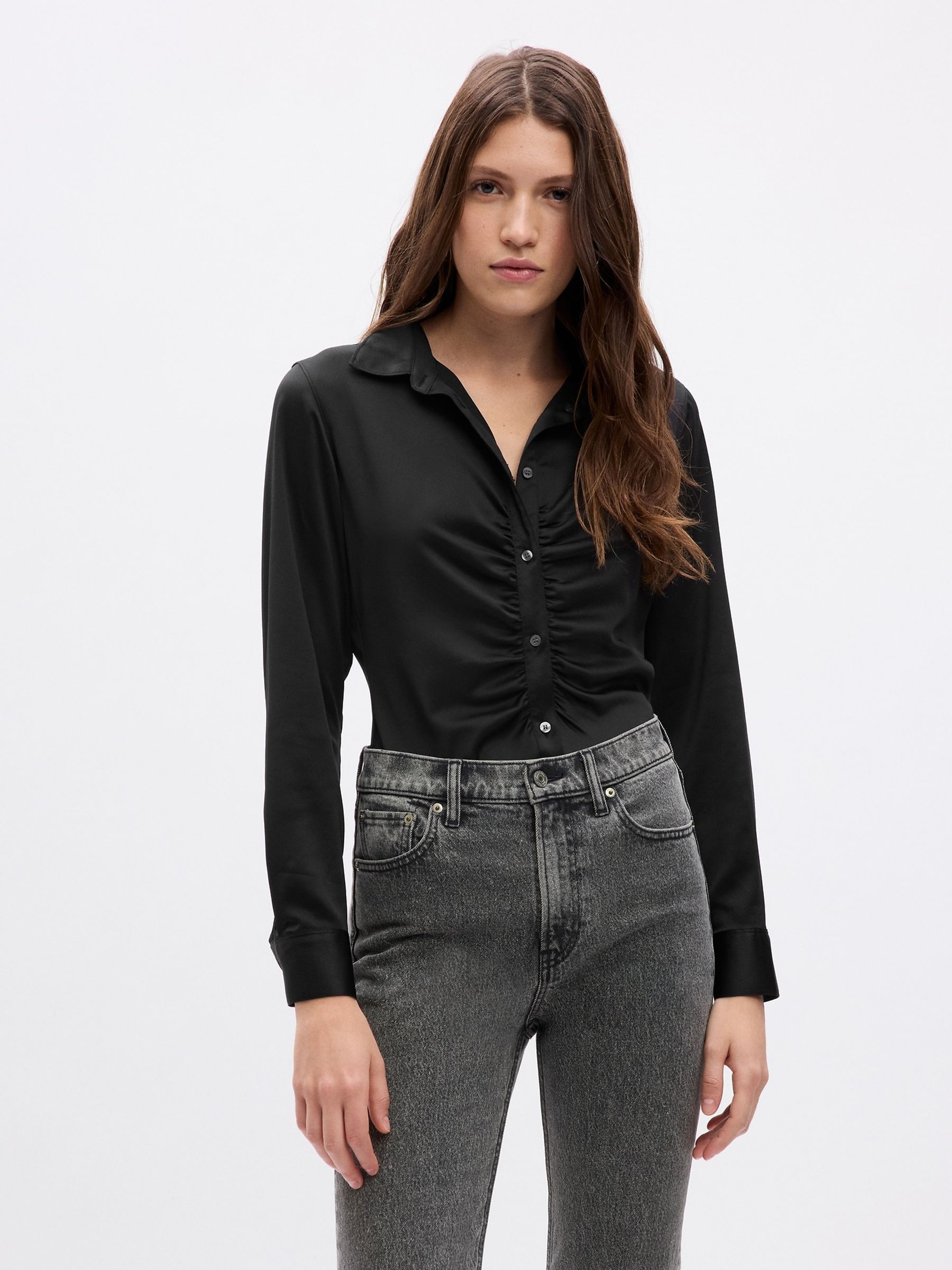Black Satin Ruched Long Sleeve Shirt - Image 1 of 1