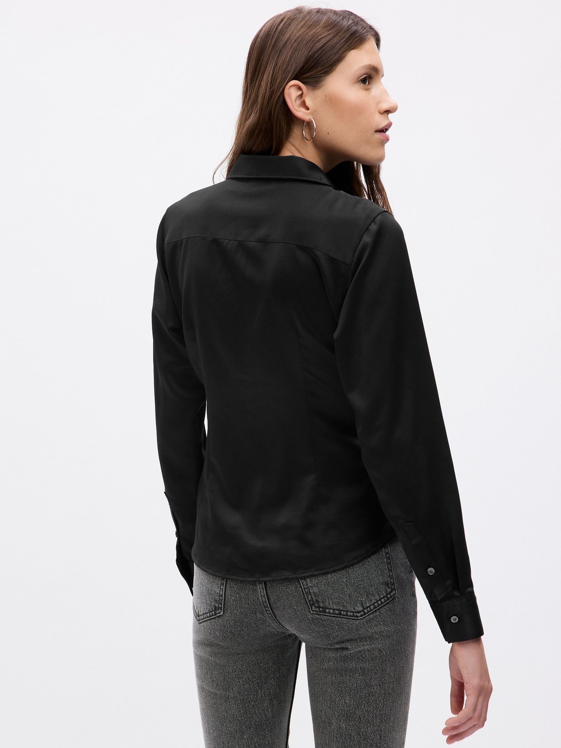 Black Satin Ruched Long Sleeve Shirt - Image 2 of 2